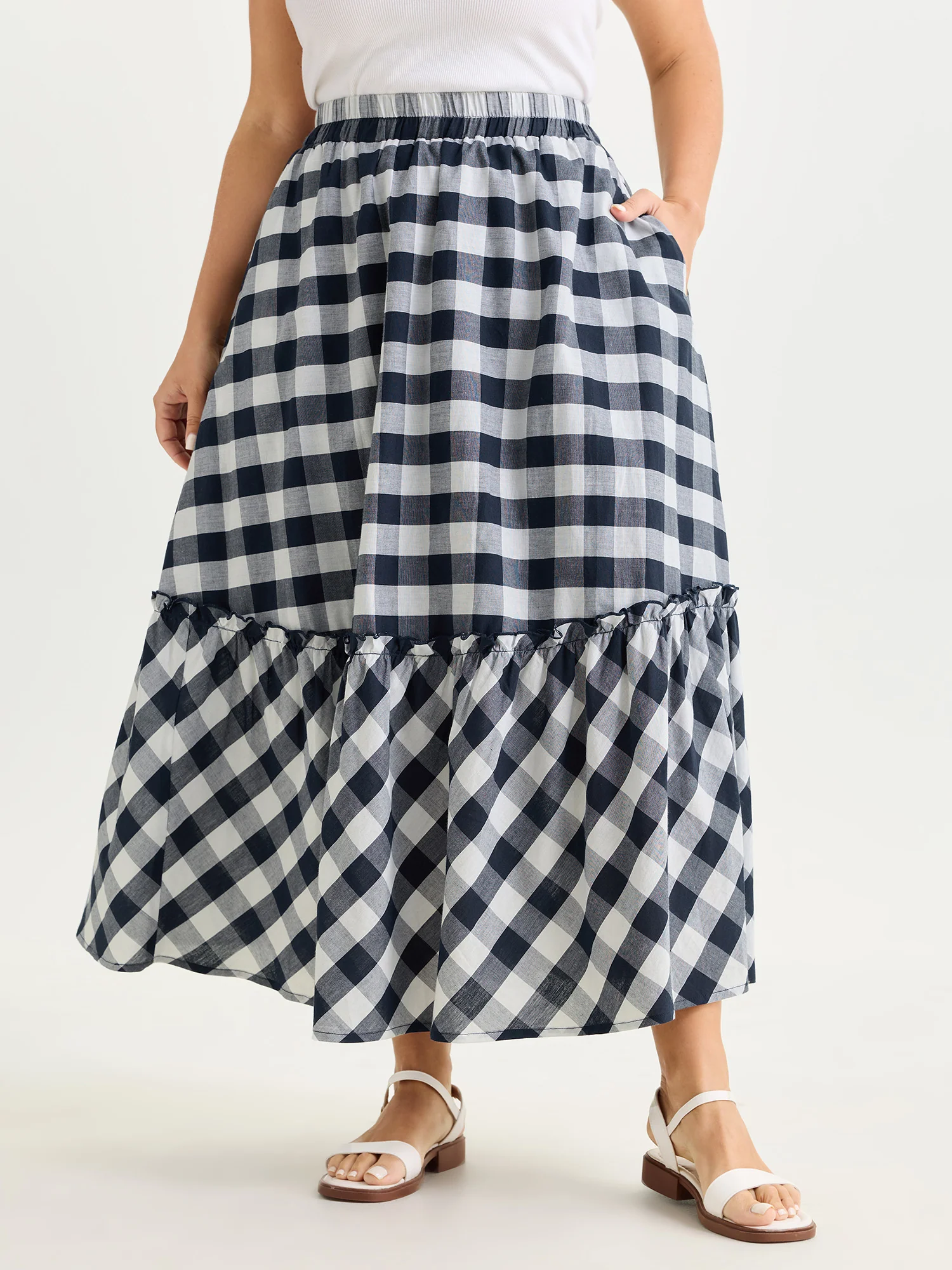 Cotton Asymmetrical Check Print Pockets Maxi Skirt - Image 2