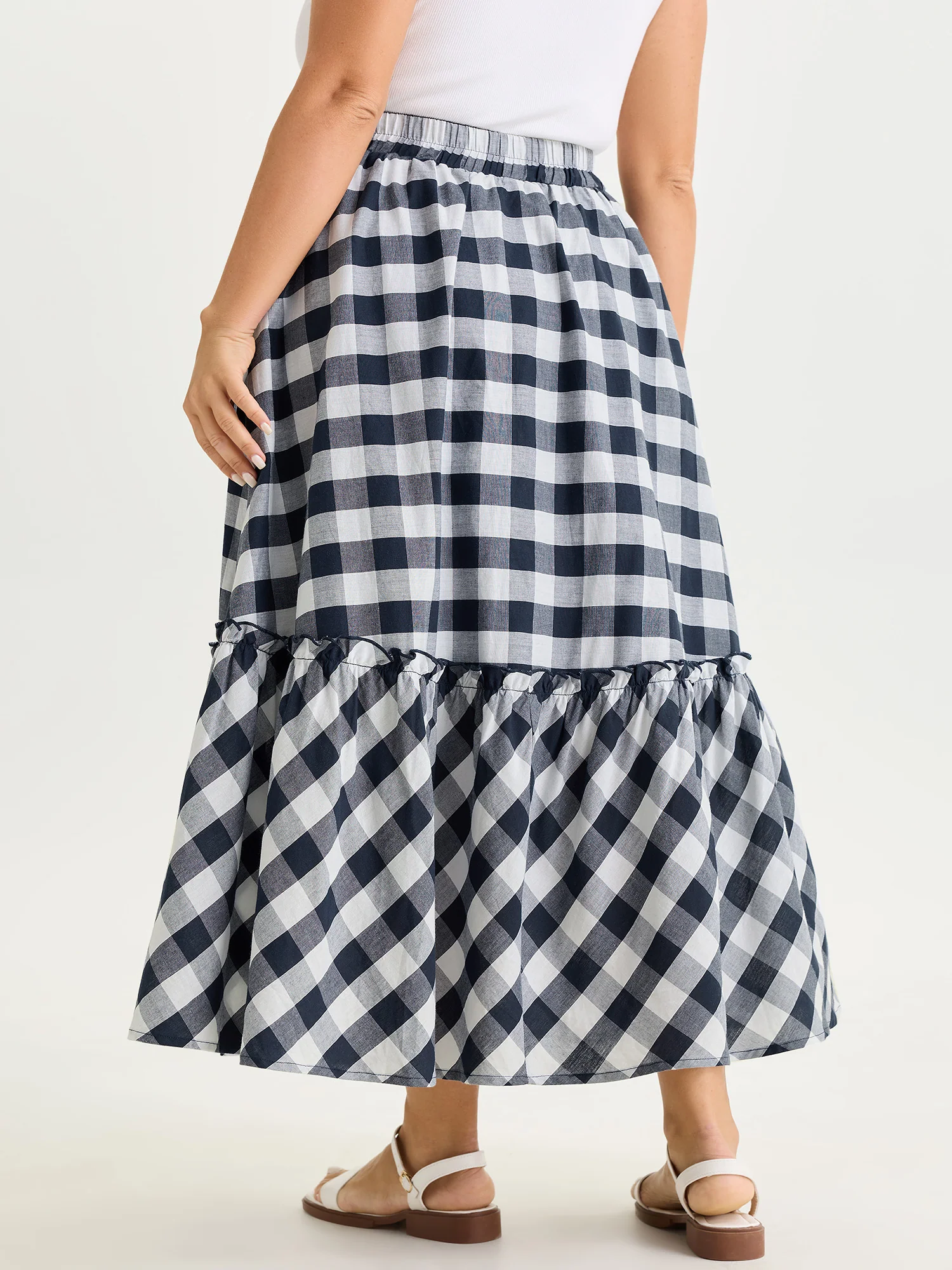 Cotton Asymmetrical Check Print Pockets Maxi Skirt - Image 5
