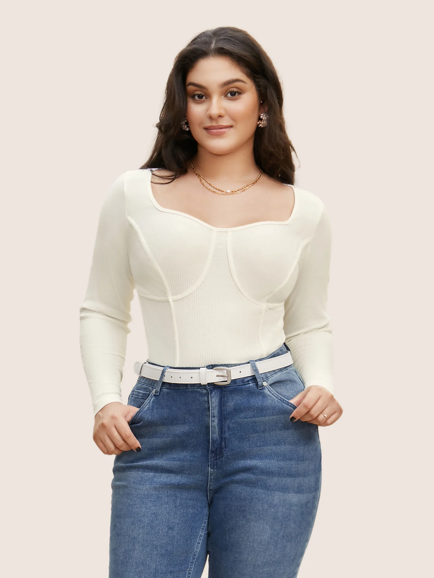 Cotton Asymmetrical Neck  Tucked Seam Knit T-shirt - Image 2