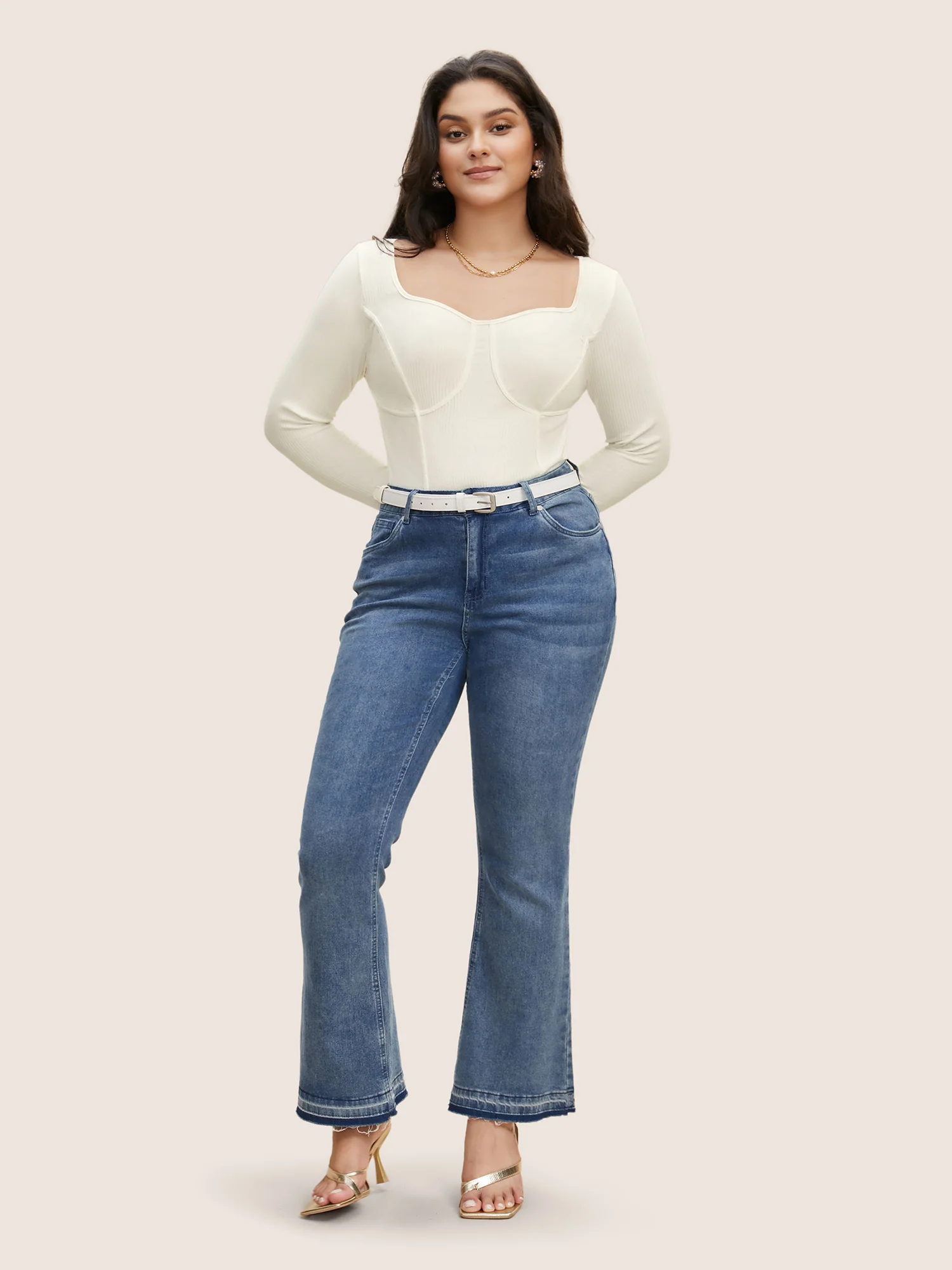 Cotton Asymmetrical Neck  Tucked Seam Knit T-shirt - Image 3