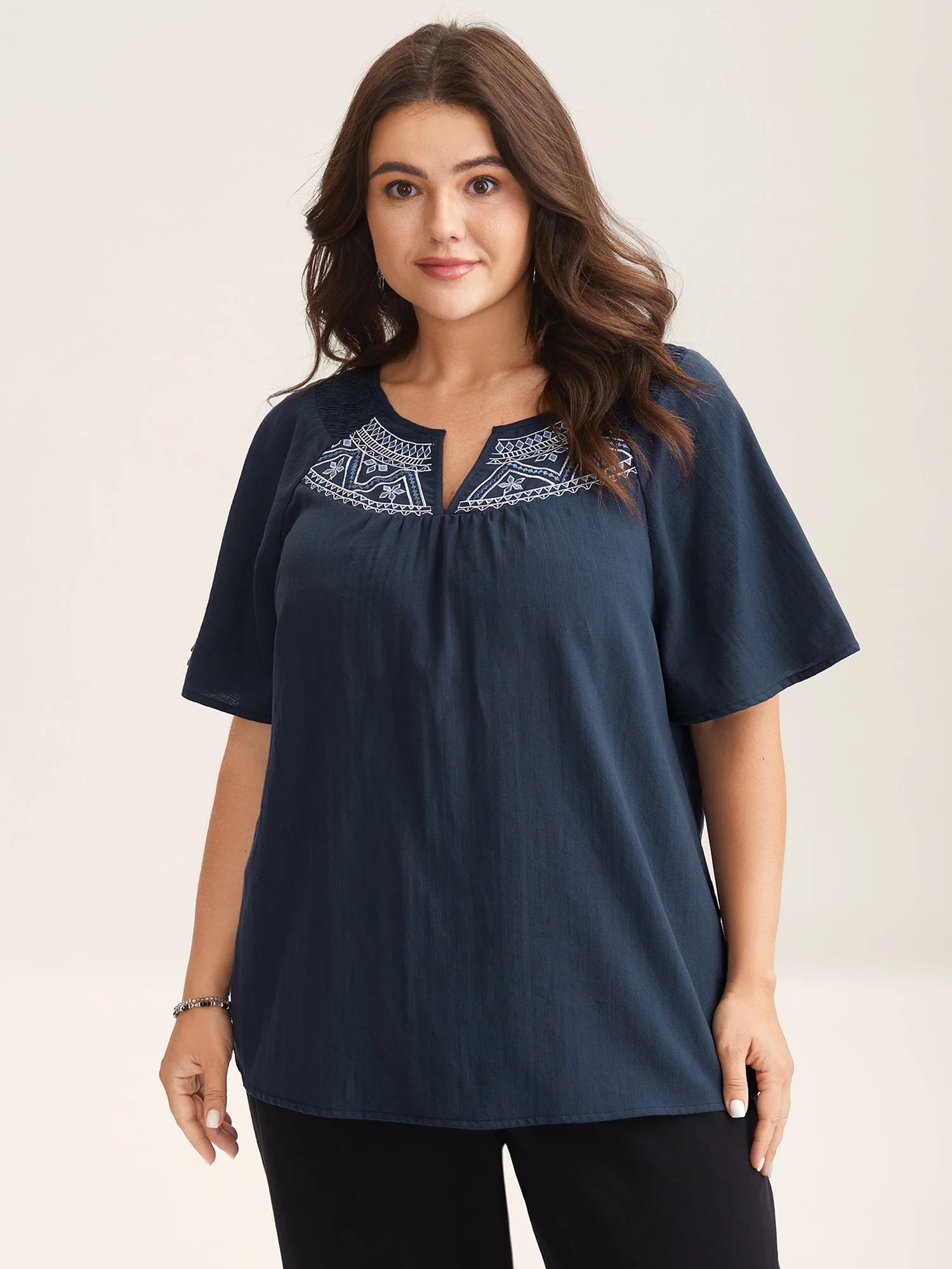 Cotton Boho Embroidered Neck Shirred Shoulder Blouse - Image 2