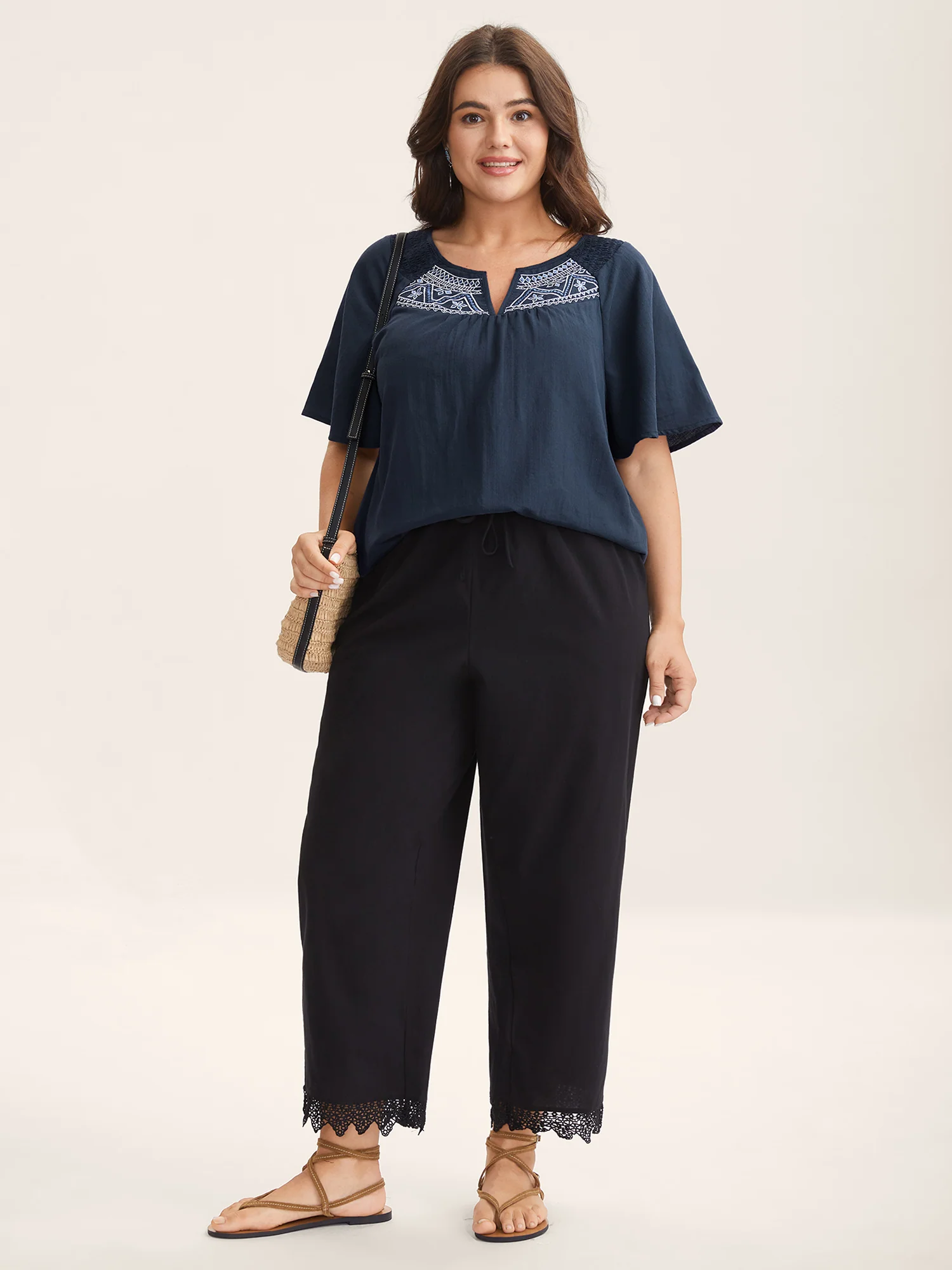Cotton Boho Embroidered Neck Shirred Shoulder Blouse - Image 3