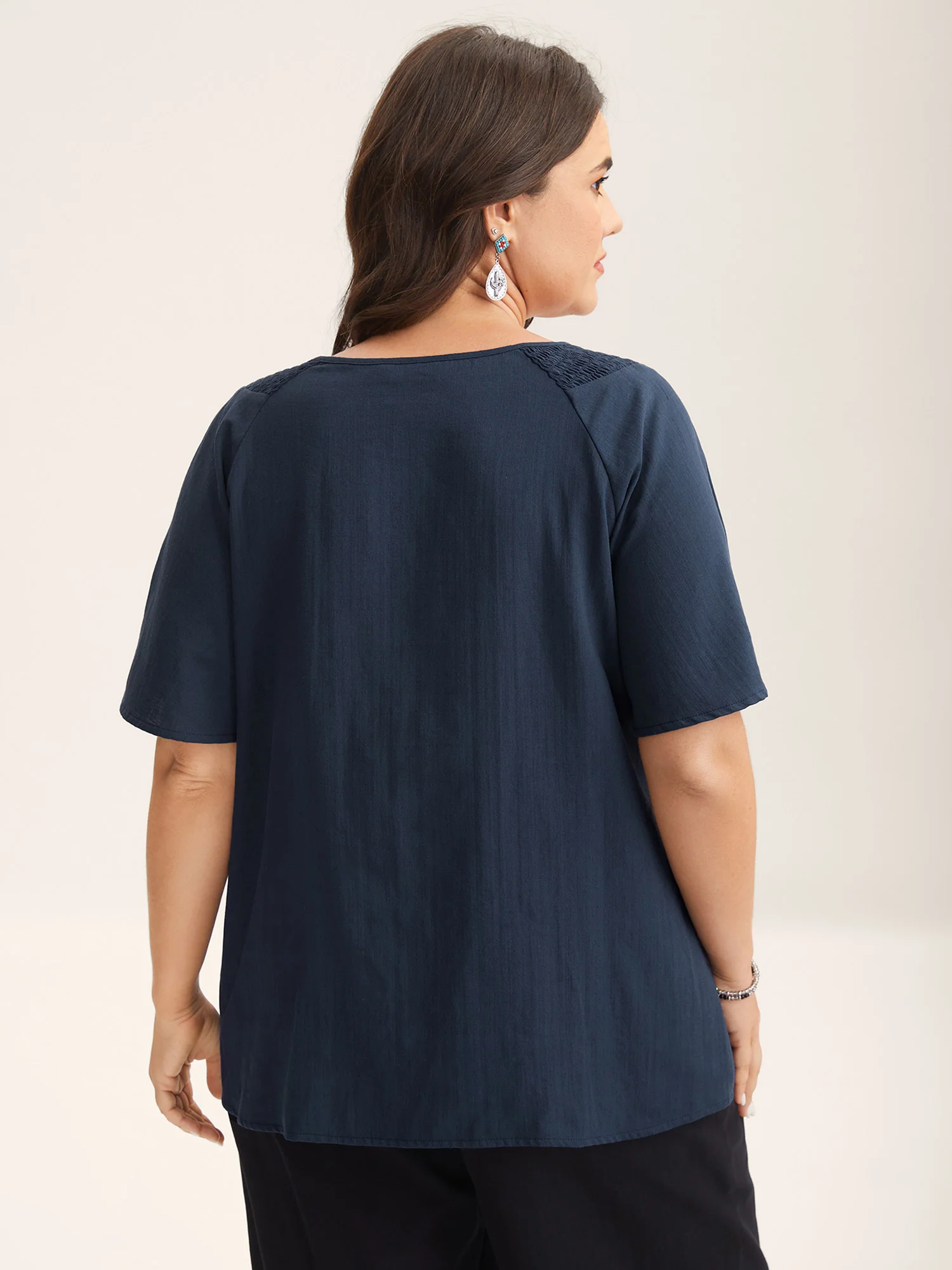 Cotton Boho Embroidered Neck Shirred Shoulder Blouse - Image 4
