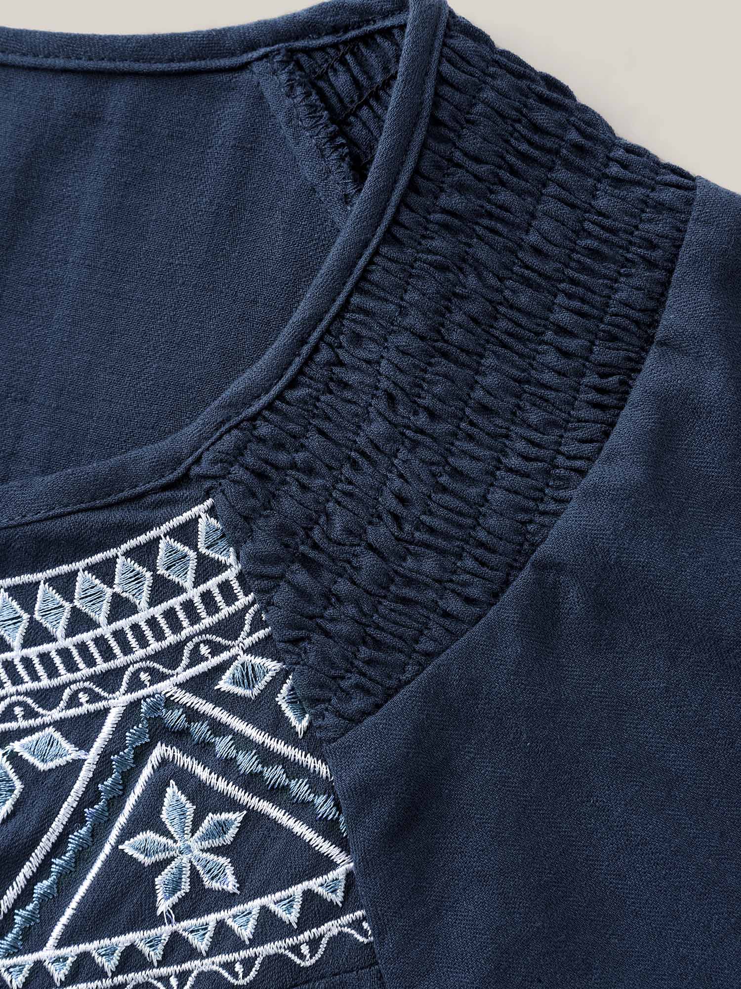 Cotton Boho Embroidered Neck Shirred Shoulder Blouse - Image 6