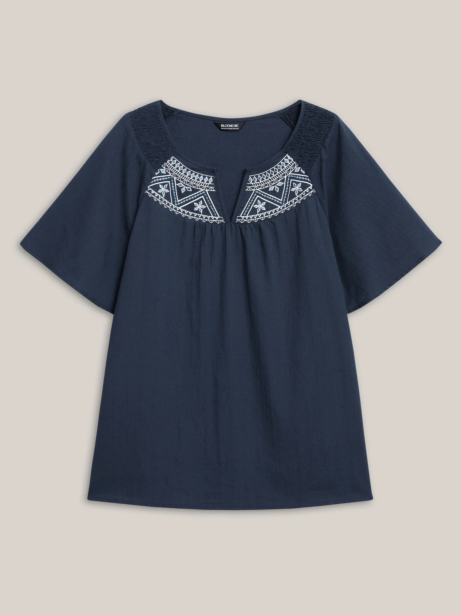 Cotton Boho Embroidered Neck Shirred Shoulder Blouse - Image 7