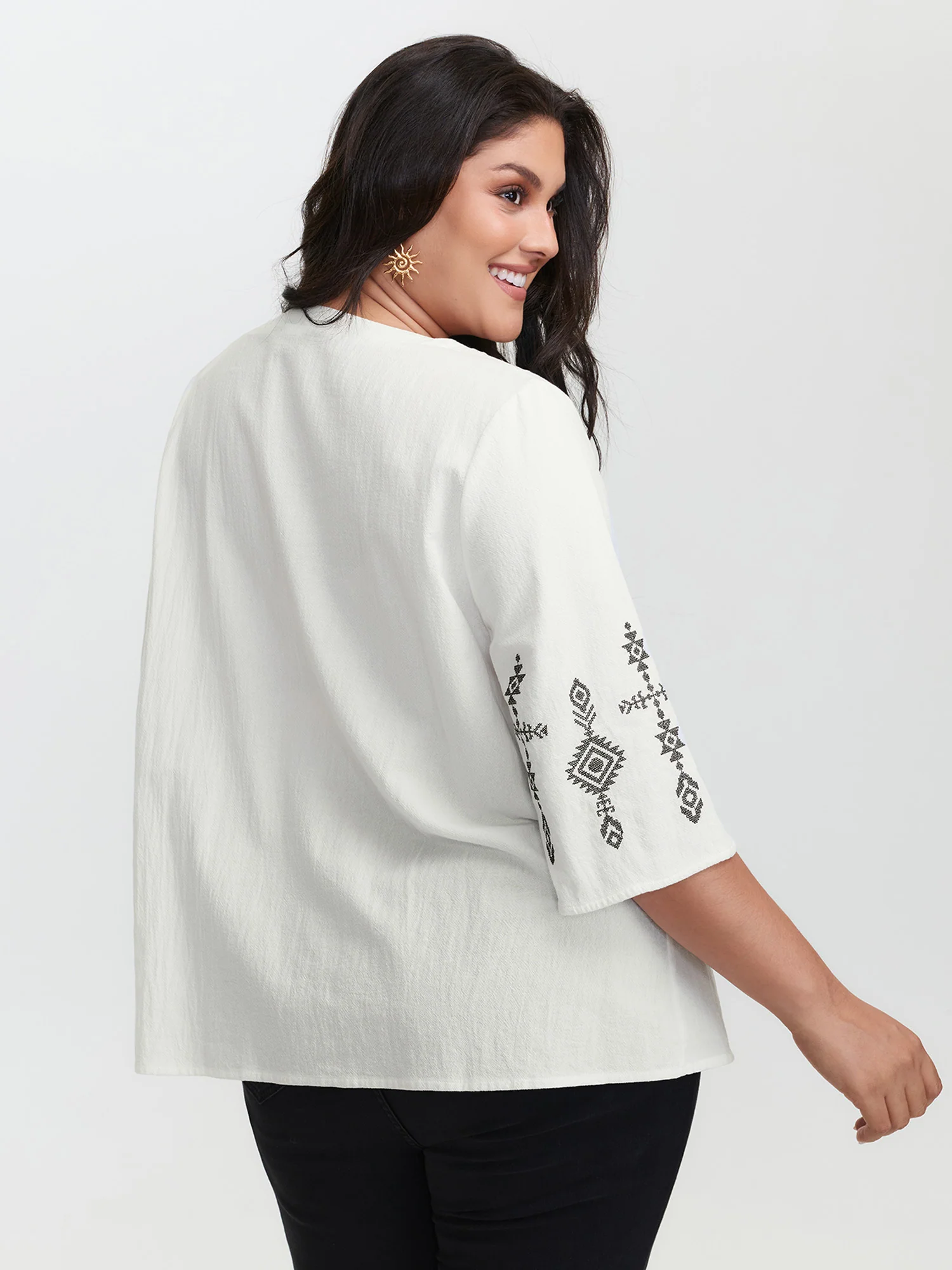 Cotton Boho Embroidery V-Neck Blouse - Image 4