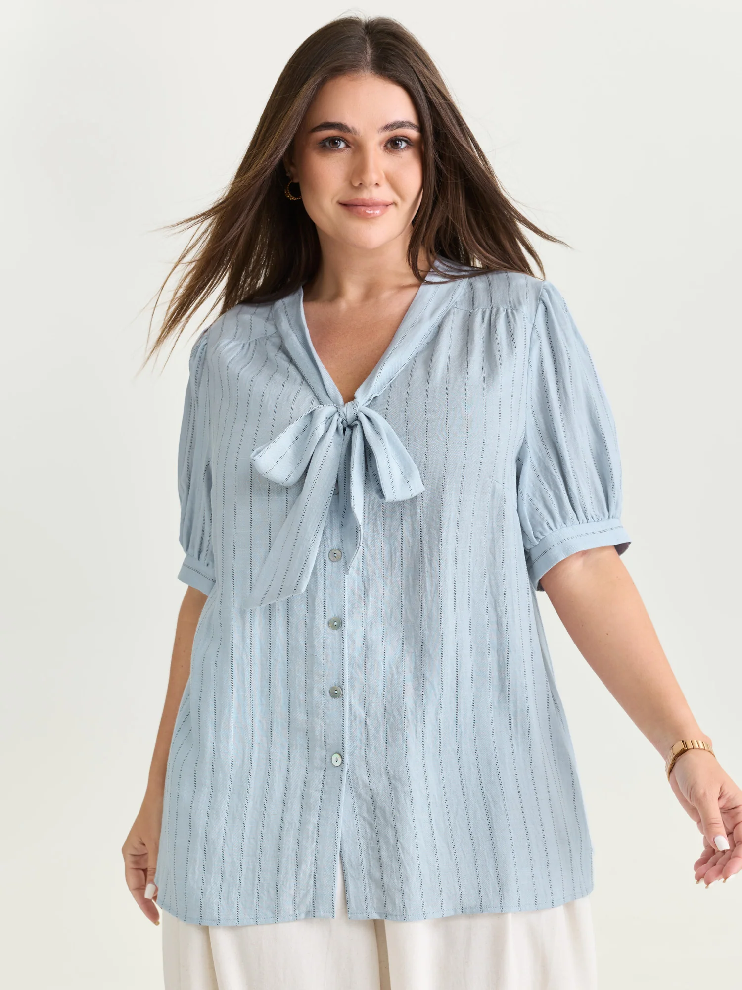 Cotton Bowknot Neckline Button-Down Blouse