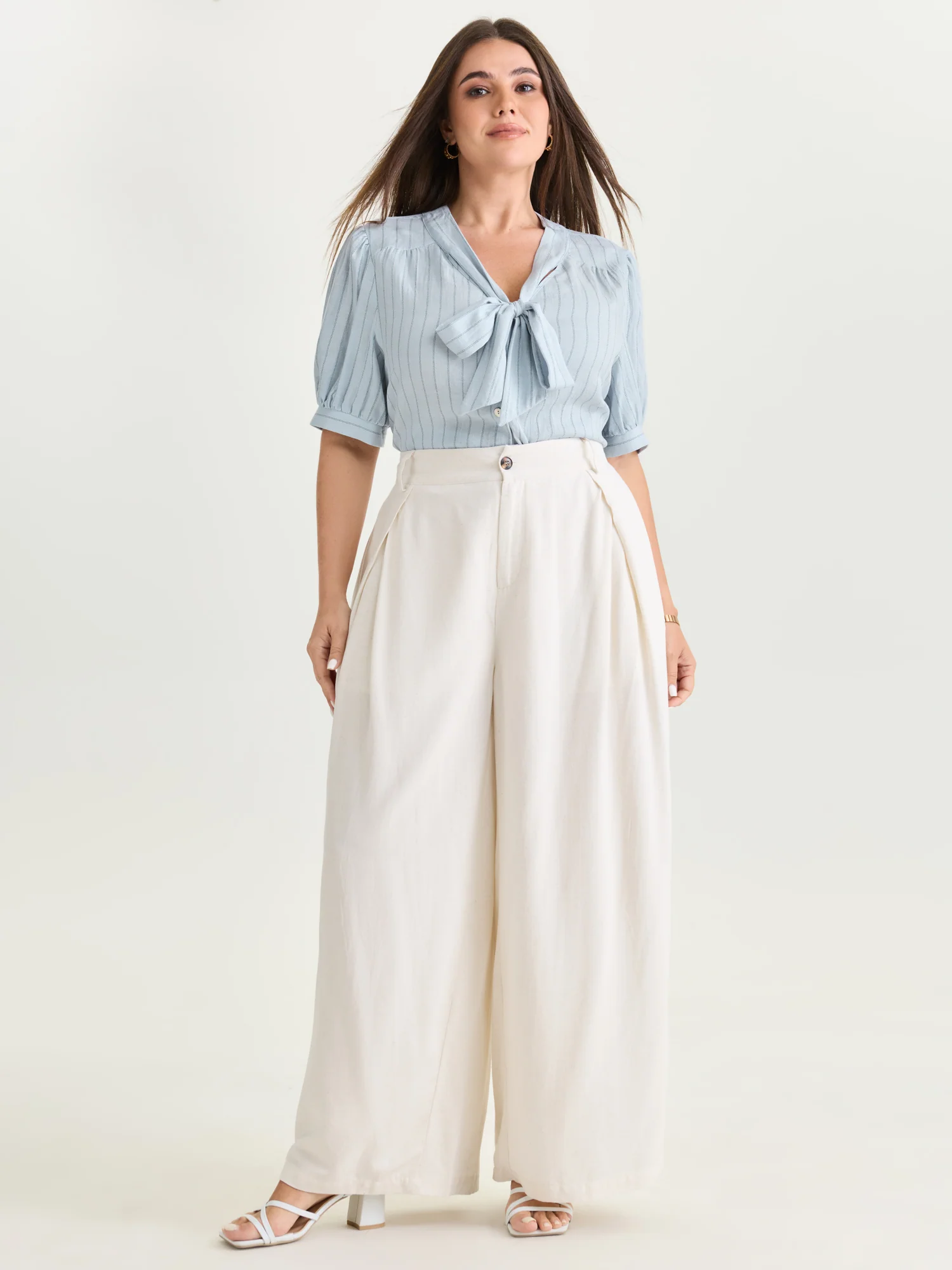 Cotton Bowknot Neckline Button-Down Blouse - Image 2