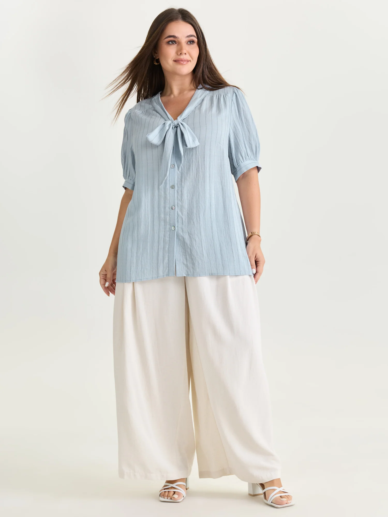Cotton Bowknot Neckline Button-Down Blouse - Image 3