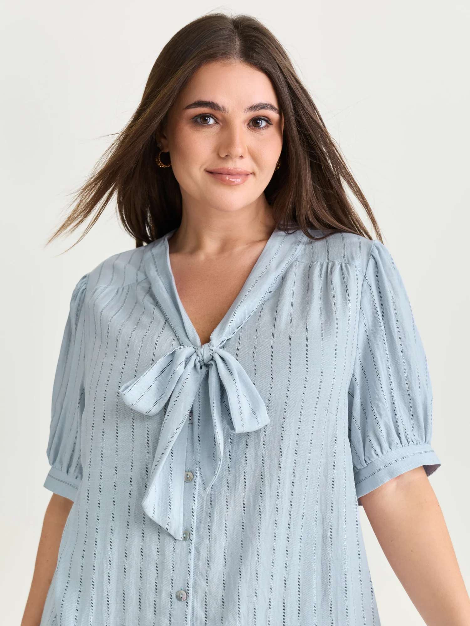 Cotton Bowknot Neckline Button-Down Blouse - Image 4