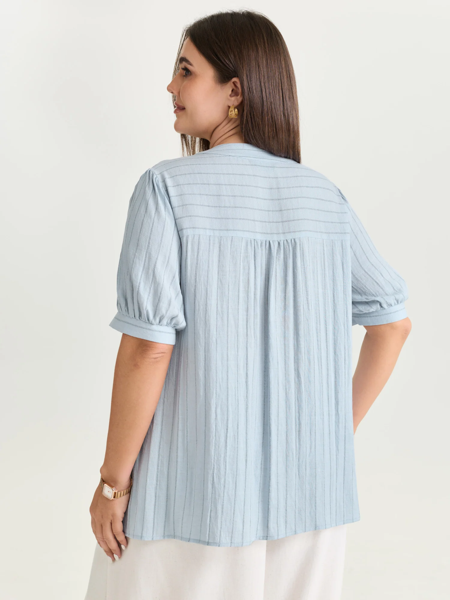 Cotton Bowknot Neckline Button-Down Blouse - Image 5