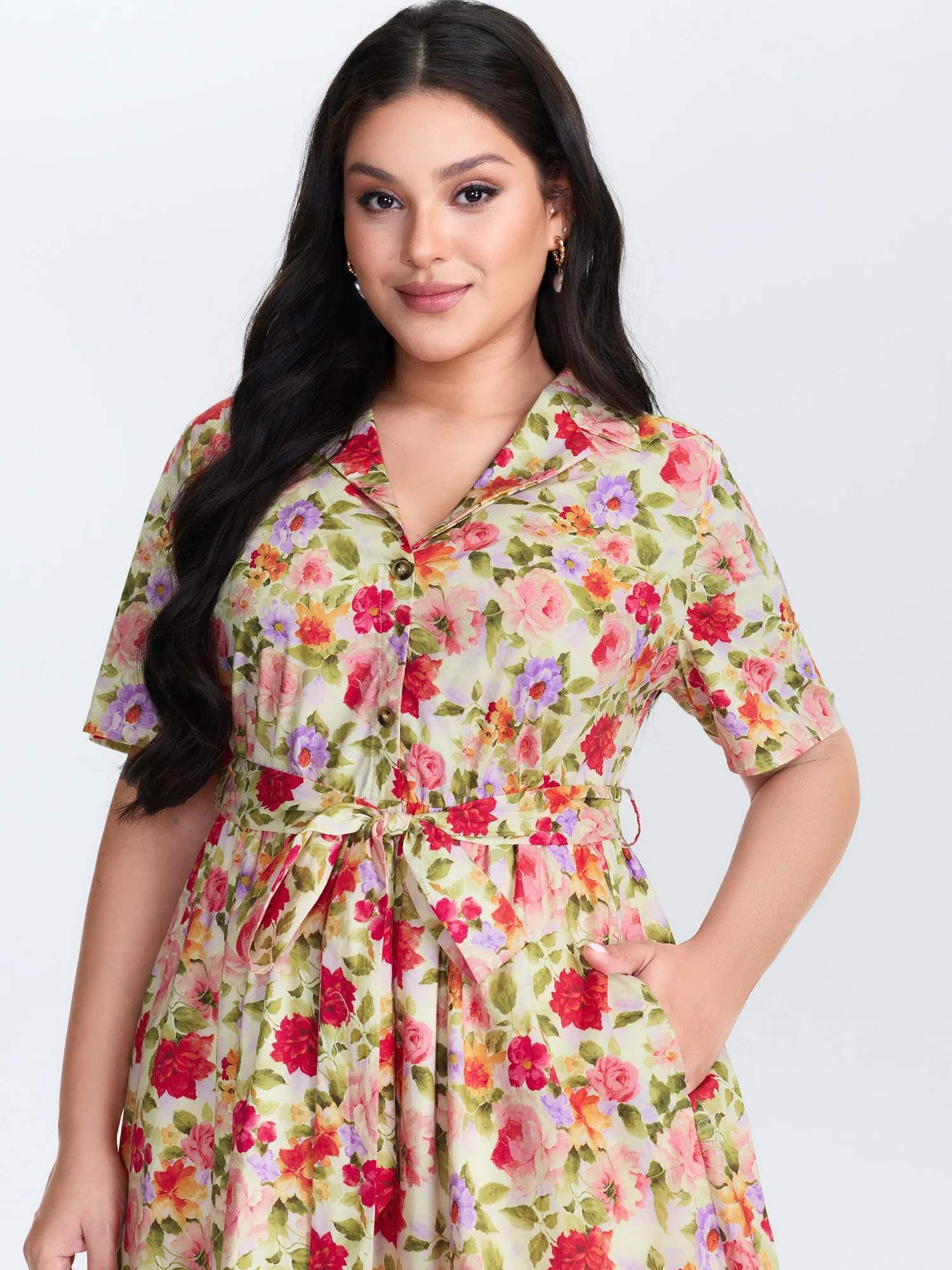 Cotton Bright Floral Belted Midi Dress - Image 2
