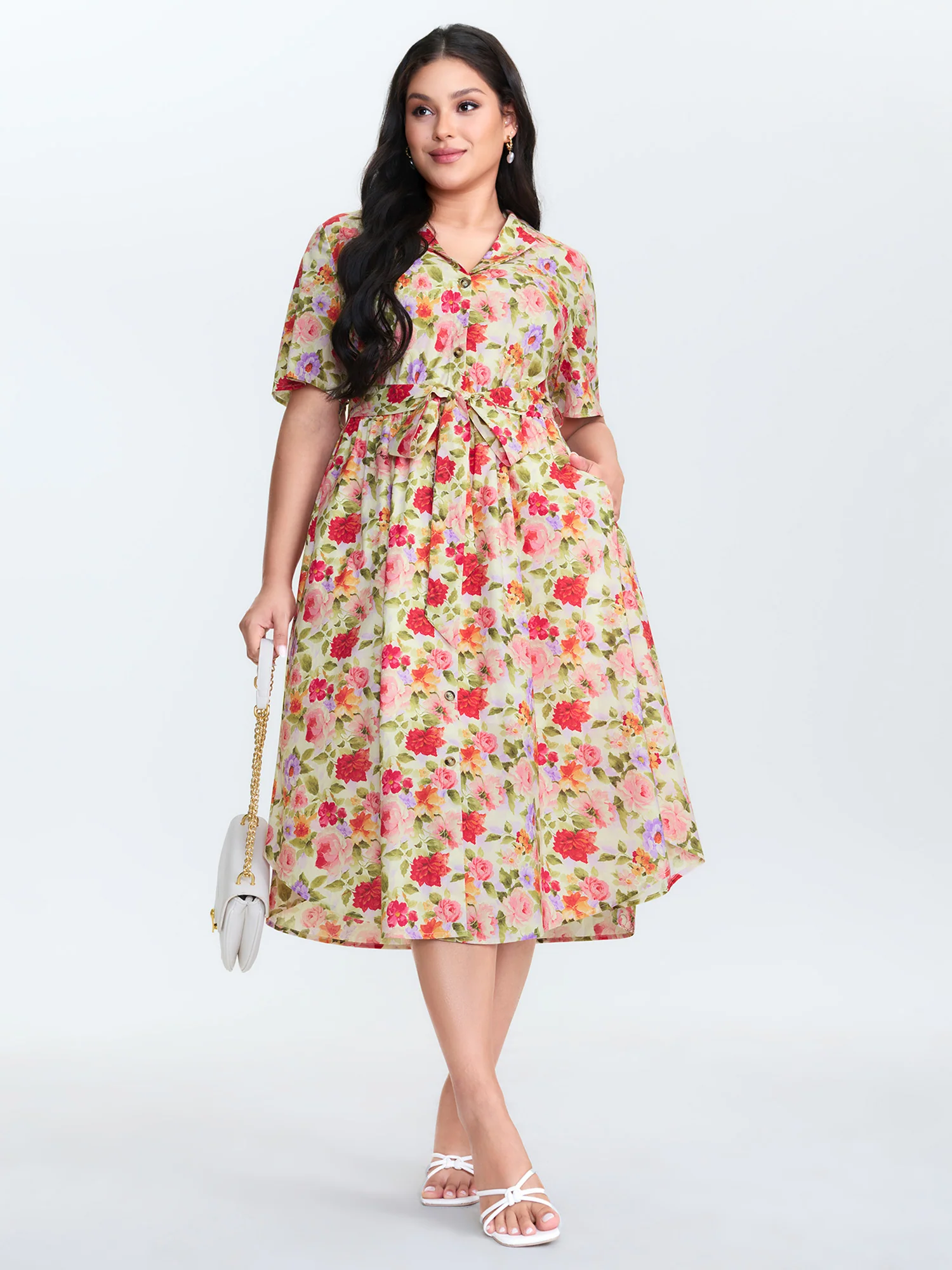 Cotton Bright Floral Belted Midi Dress - Image 3