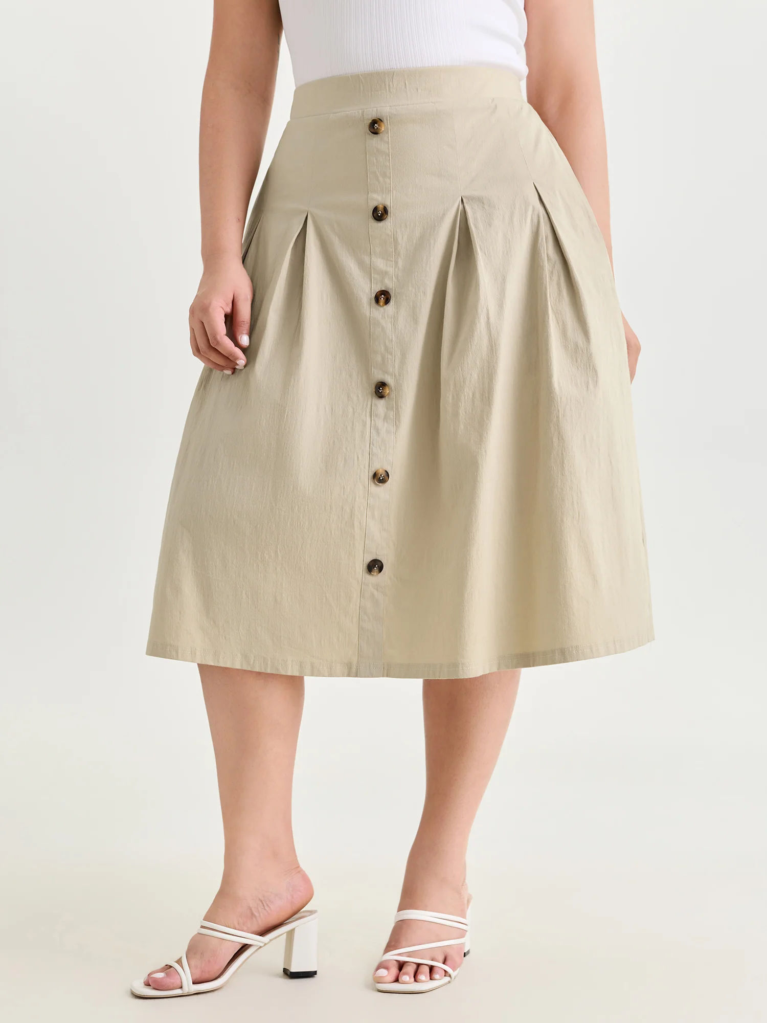 Cotton Button Detail Pleated Solid Midi Skirt - Image 2