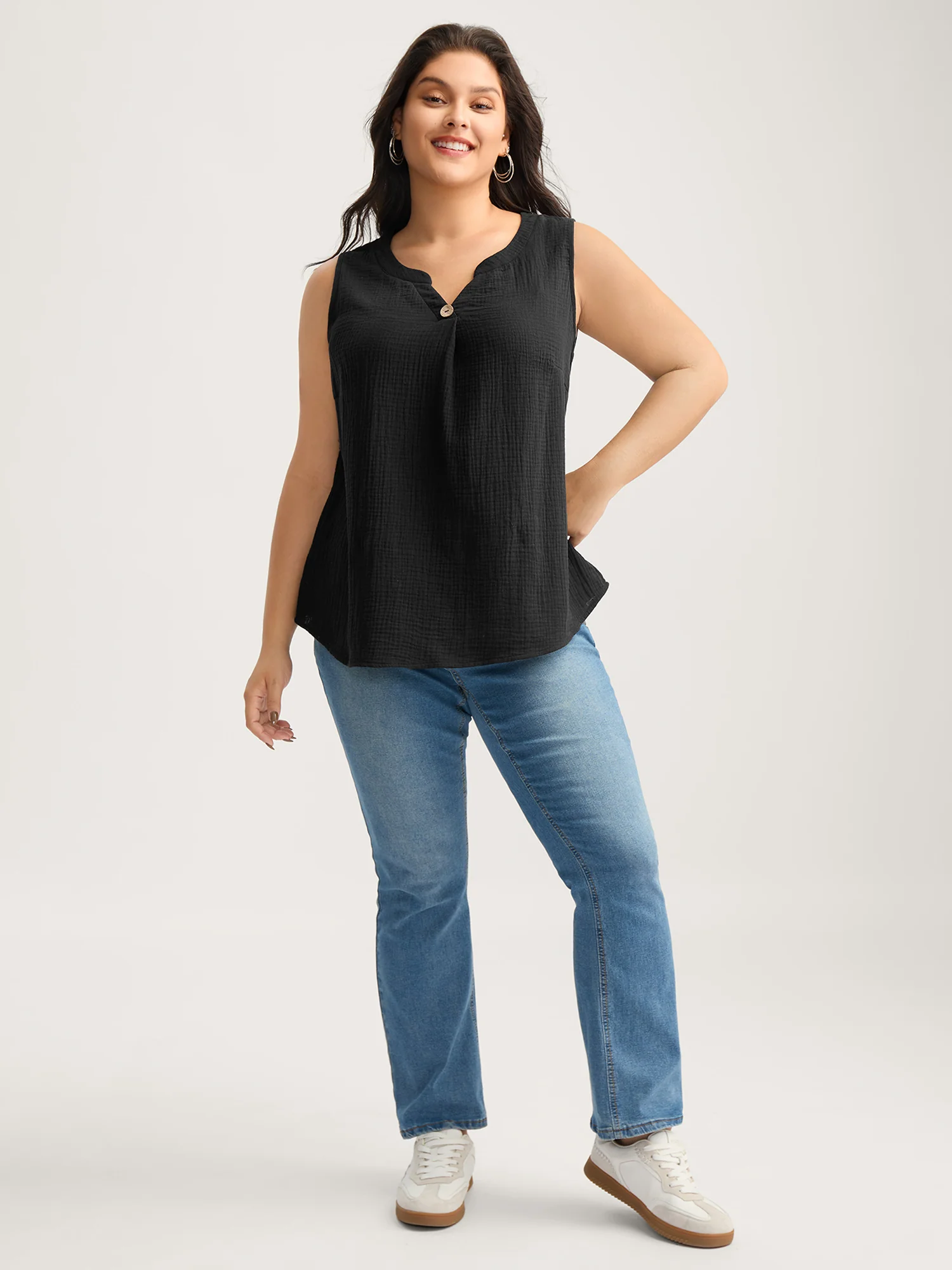 Cotton Button Front Solid Tank Top - Image 3