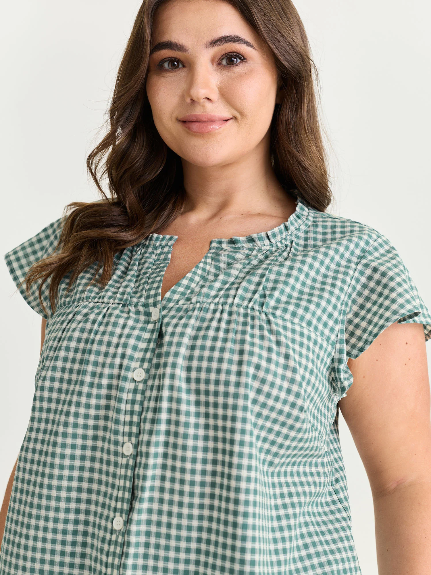 Cotton Check Print Ruffled Sleeve Blouse - Image 2