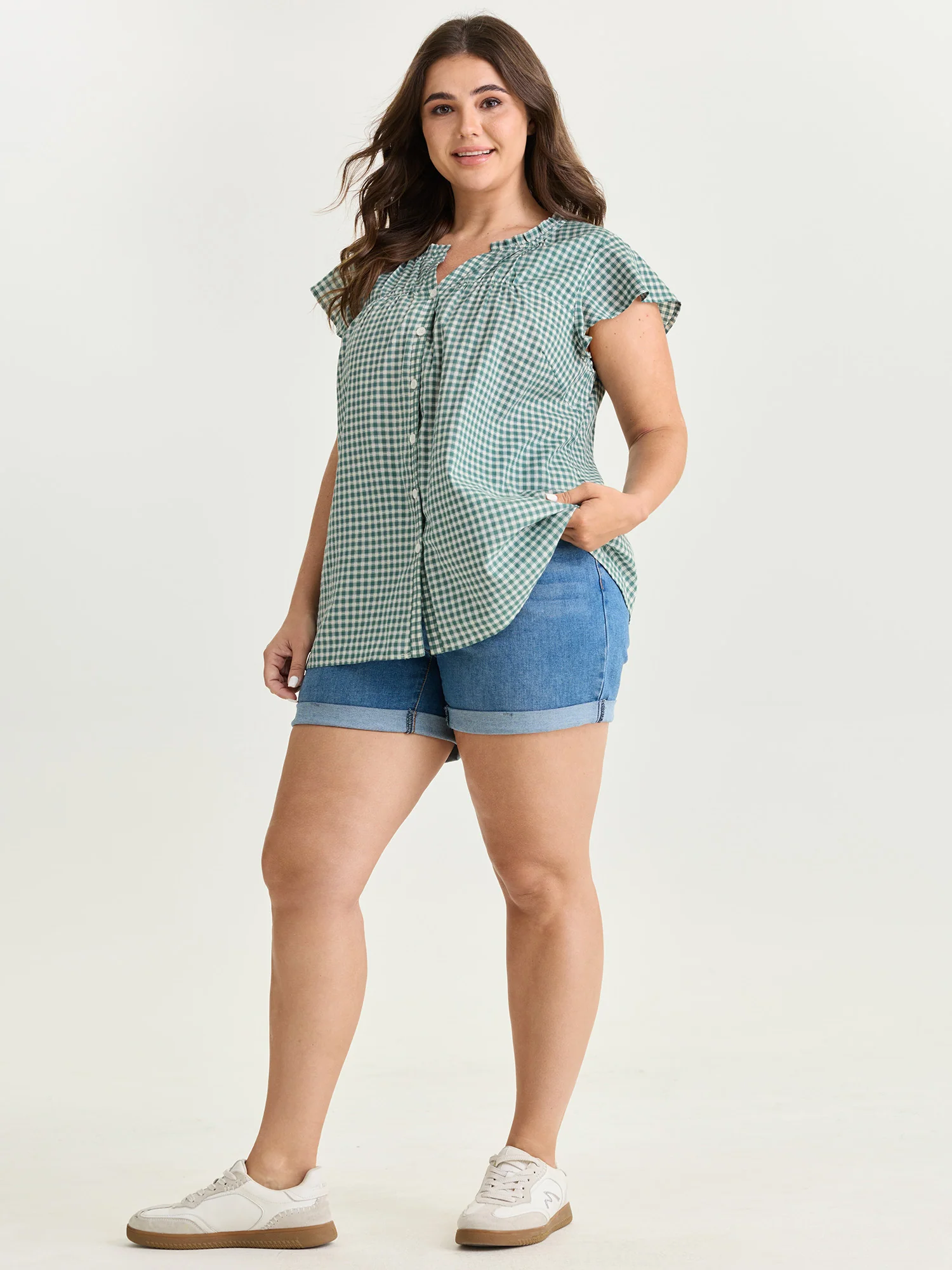 Cotton Check Print Ruffled Sleeve Blouse - Image 3