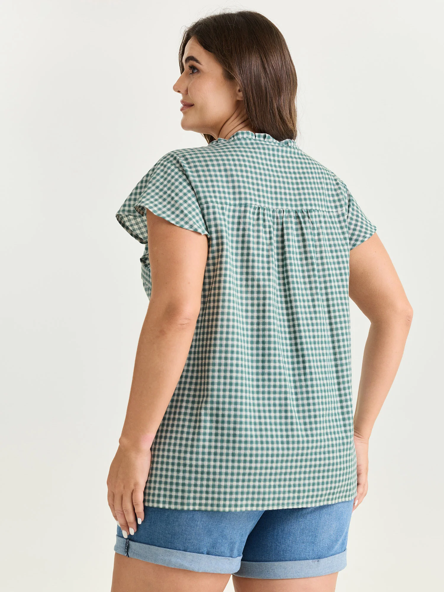 Cotton Check Print Ruffled Sleeve Blouse - Image 4