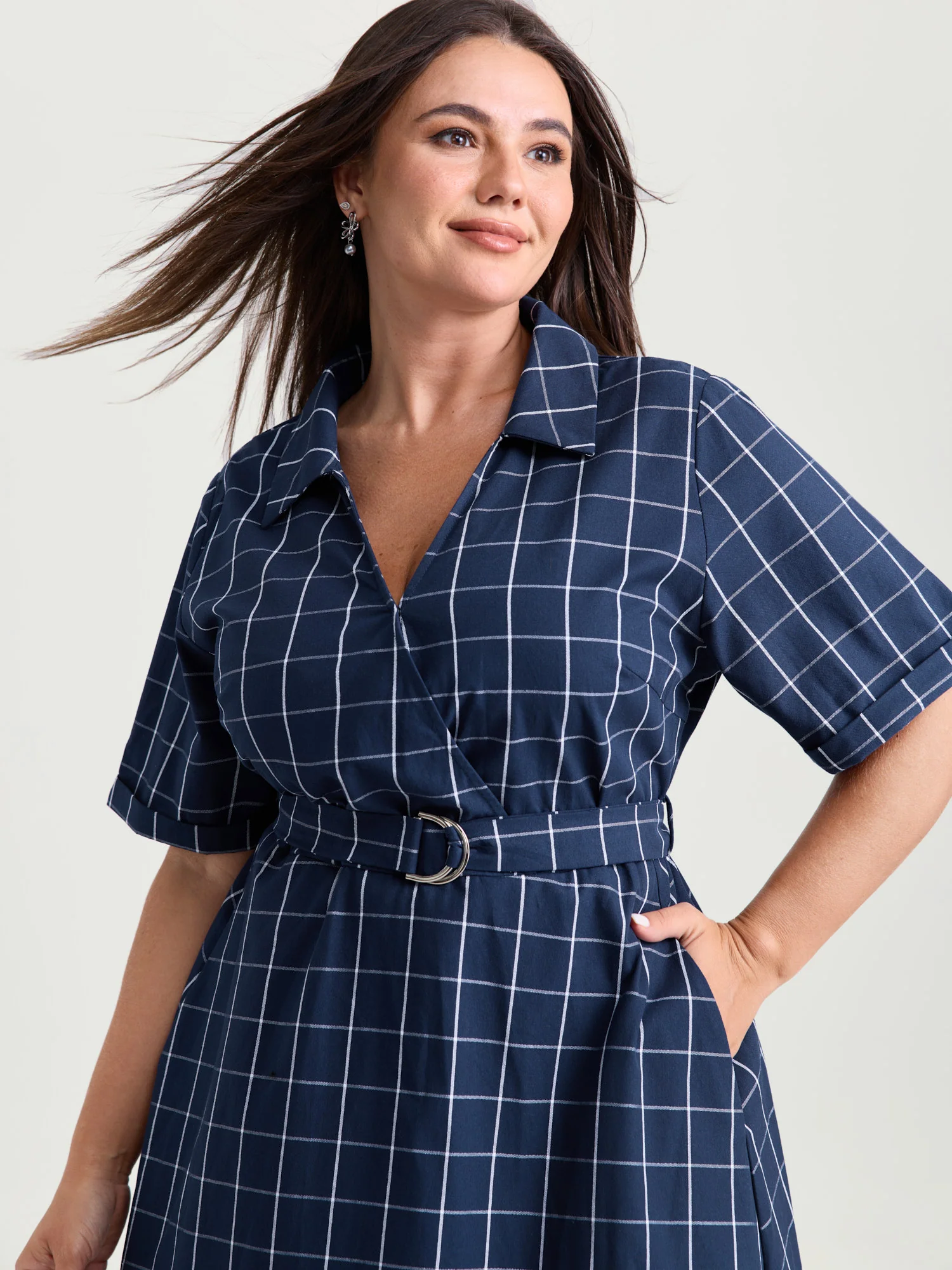 Cotton Checked Print Wrap Neckline Belted Midi Dress - Image 2