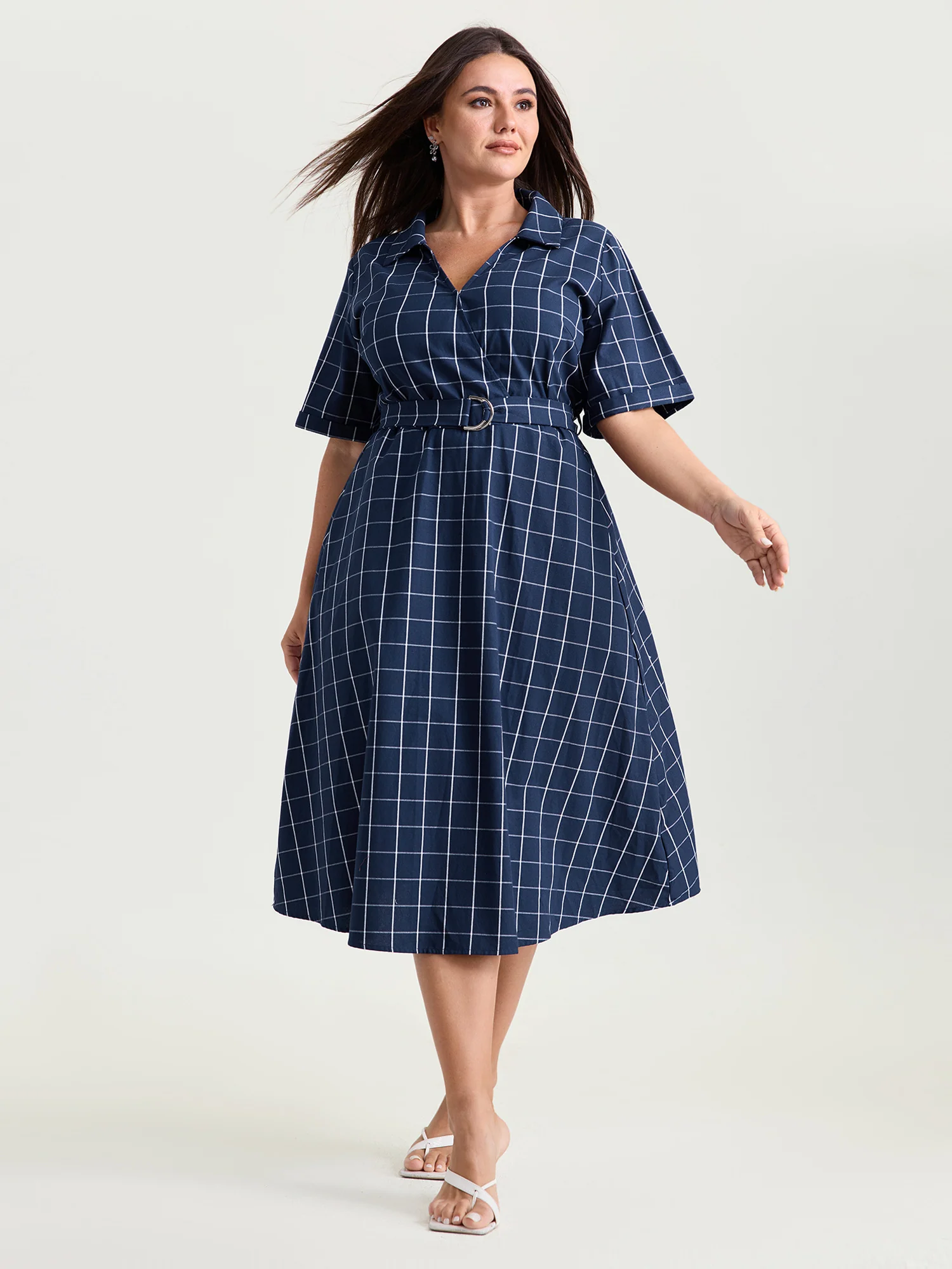Cotton Checked Print Wrap Neckline Belted Midi Dress - Image 3