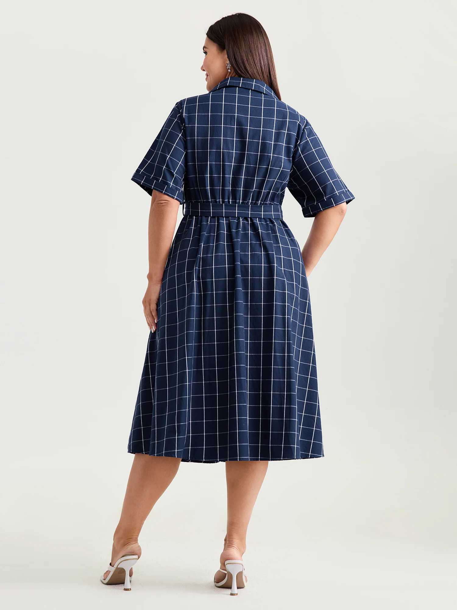 Cotton Checked Print Wrap Neckline Belted Midi Dress - Image 4