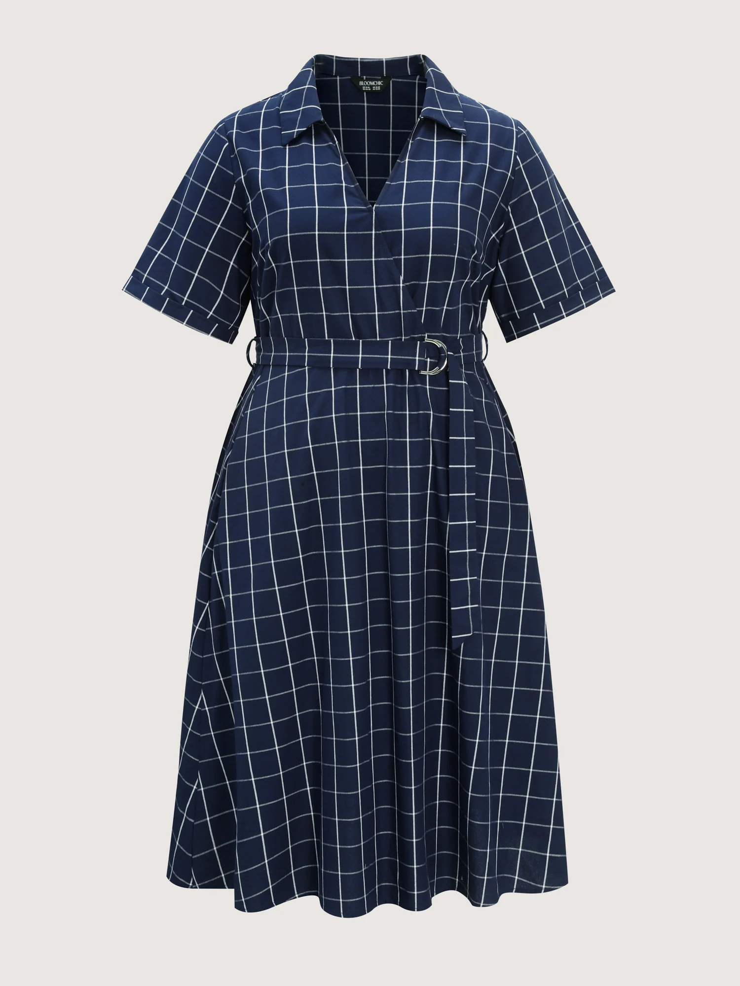 Cotton Checked Print Wrap Neckline Belted Midi Dress - Image 7