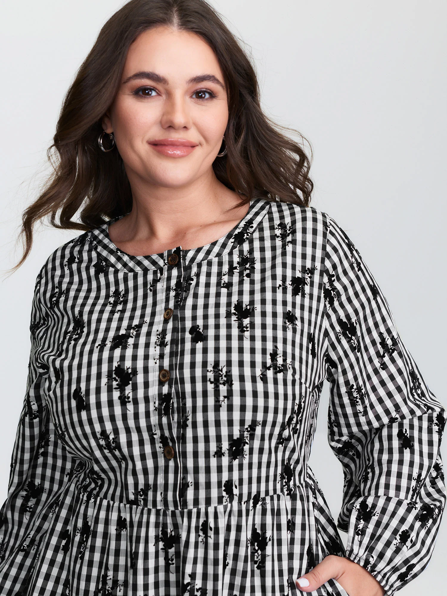 Cotton Checkered Floral Print Buttons Midi Dress - Image 2