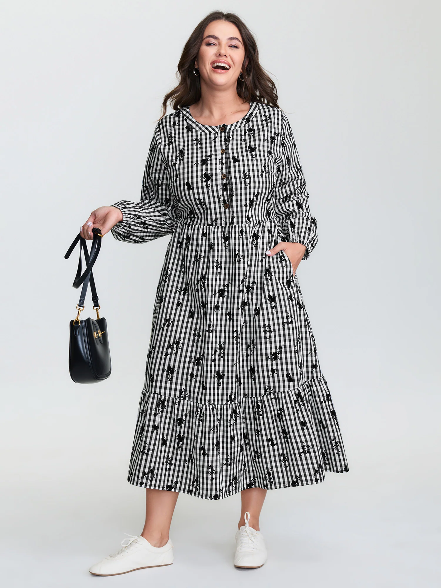 Cotton Checkered Floral Print Buttons Midi Dress - Image 3