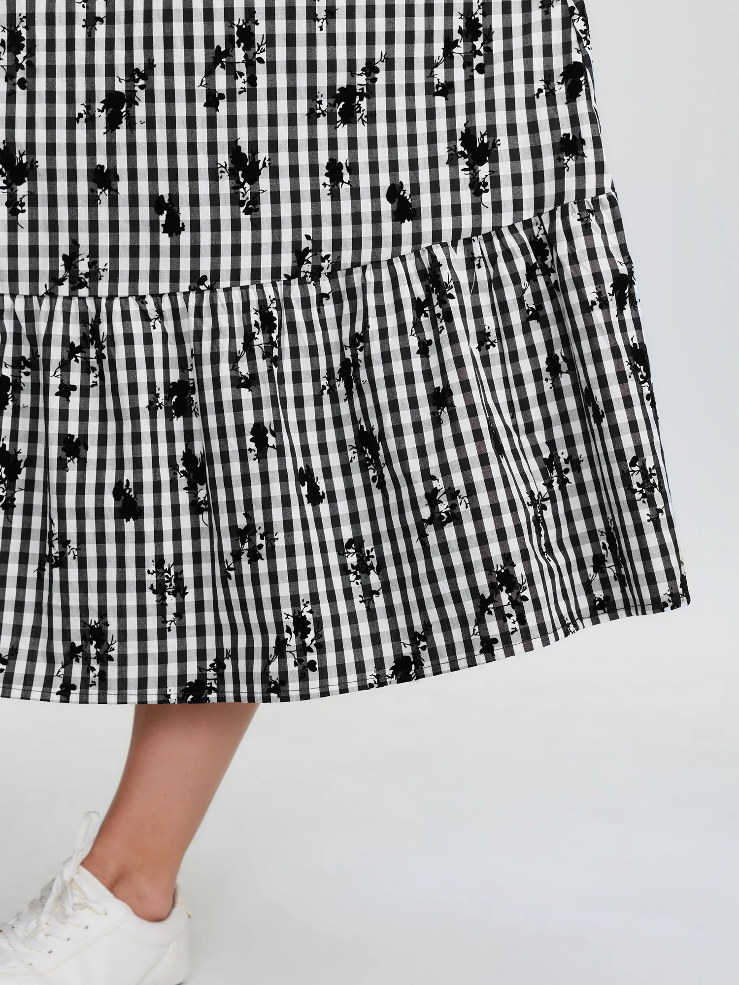 Cotton Checkered Floral Print Buttons Midi Dress - Image 4