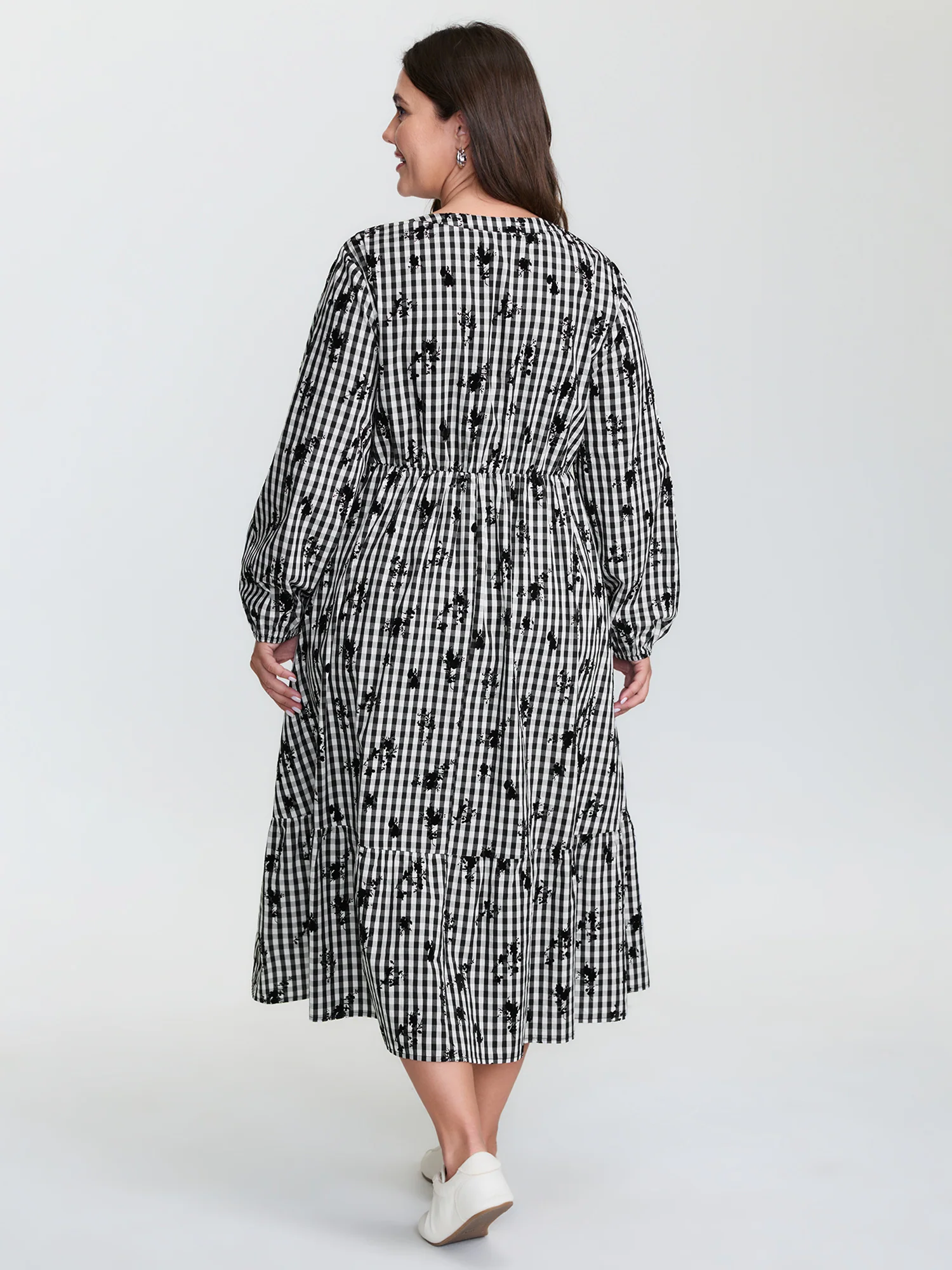 Cotton Checkered Floral Print Buttons Midi Dress - Image 5