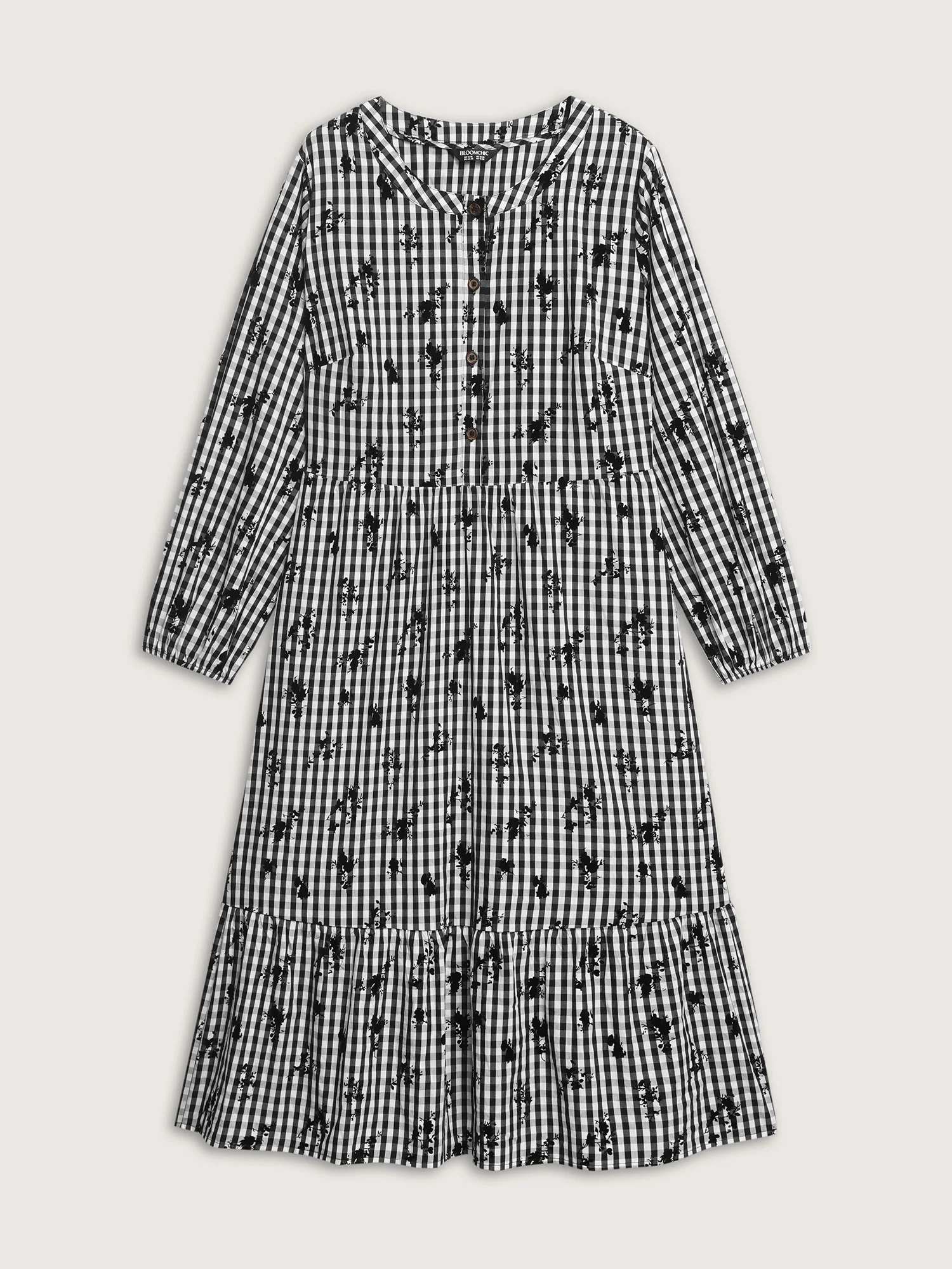 Cotton Checkered Floral Print Buttons Midi Dress - Image 8