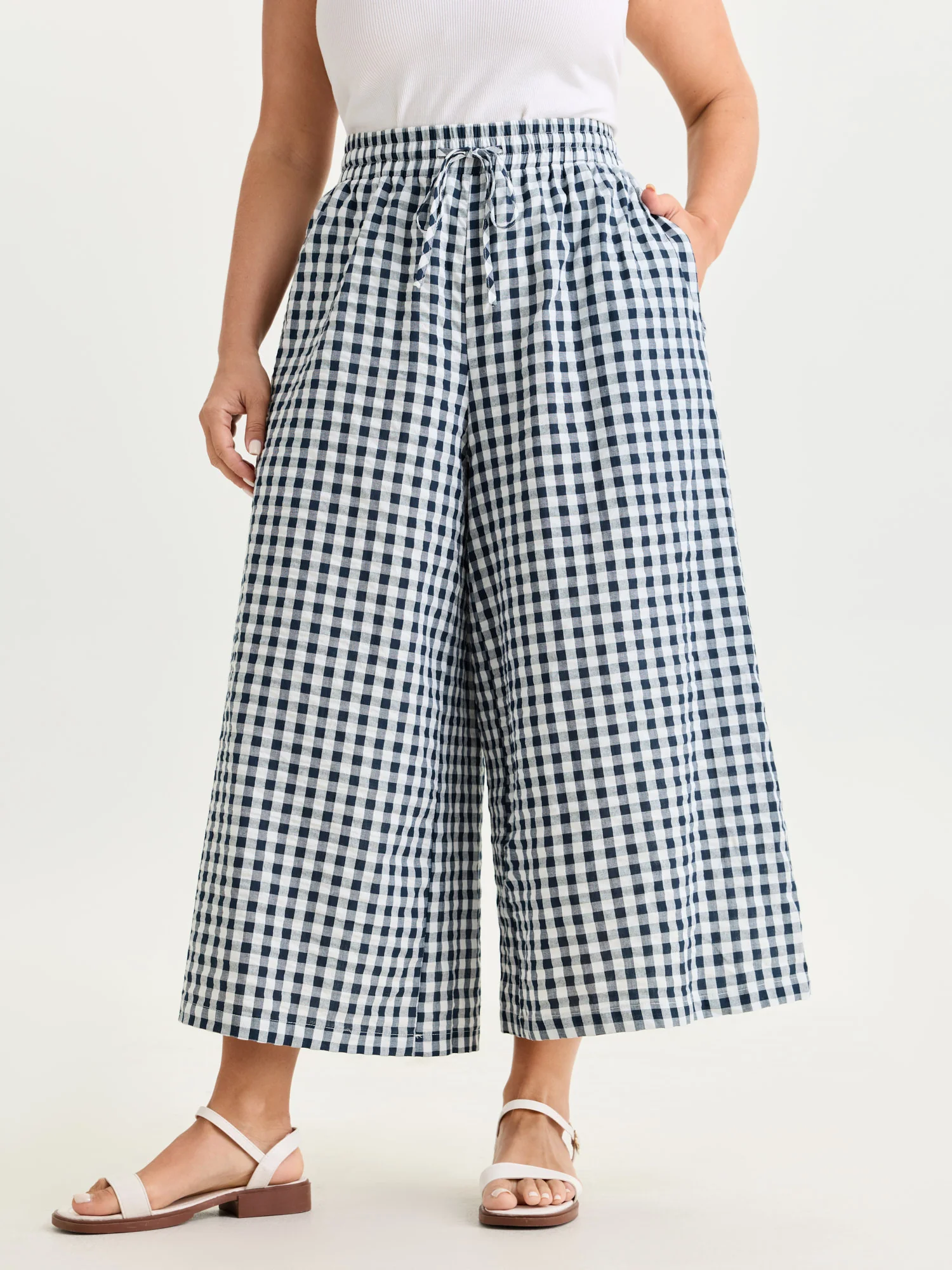 Cotton Checkered Print Wide Leg Pants - Image 2