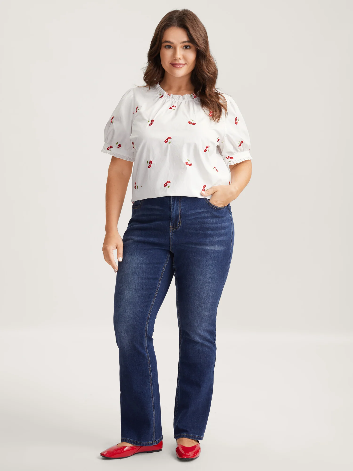Cotton Cherry Embroidery Ruffled Neck Blouse - Image 3