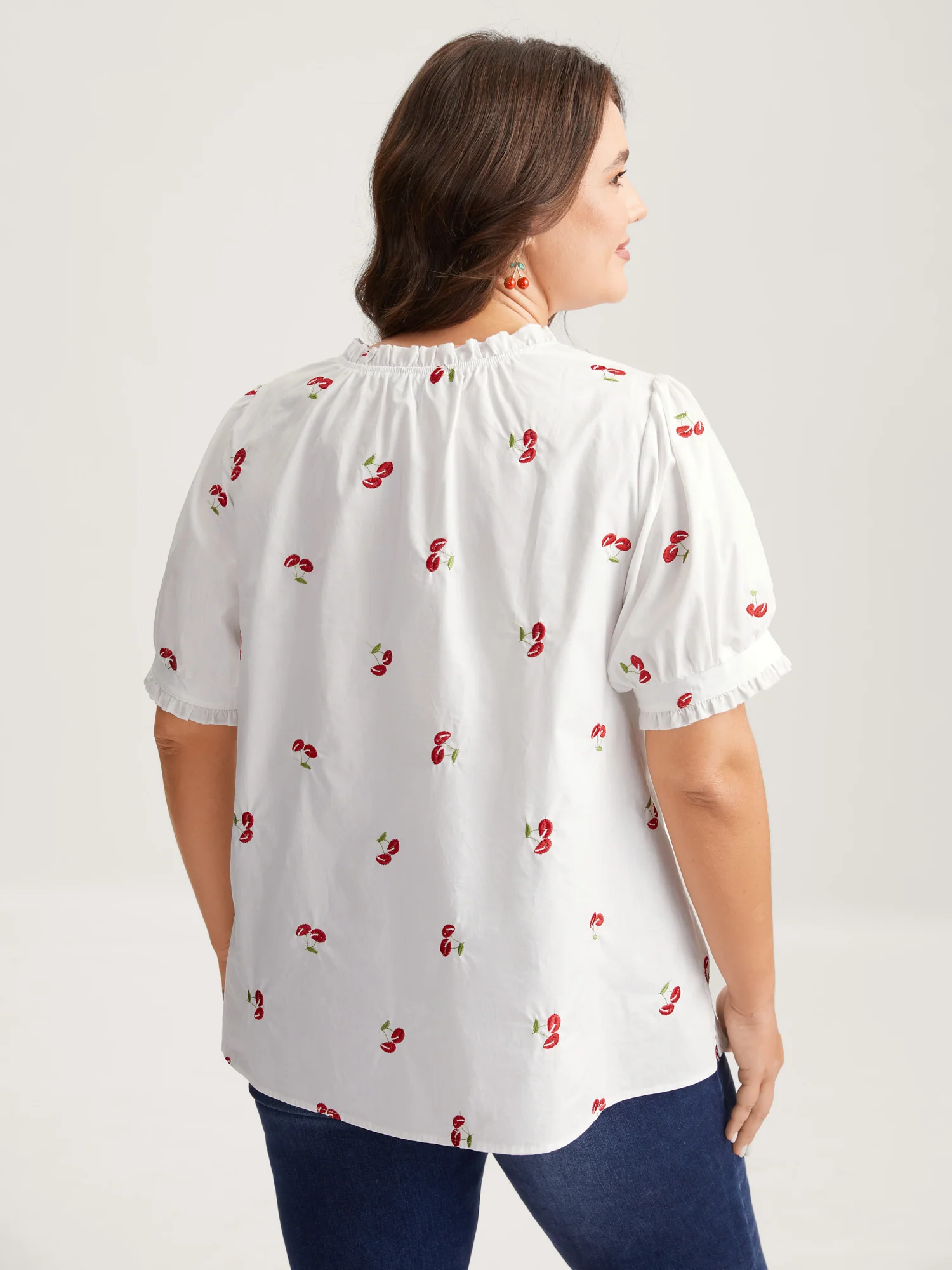 Cotton Cherry Embroidery Ruffled Neck Blouse - Image 4