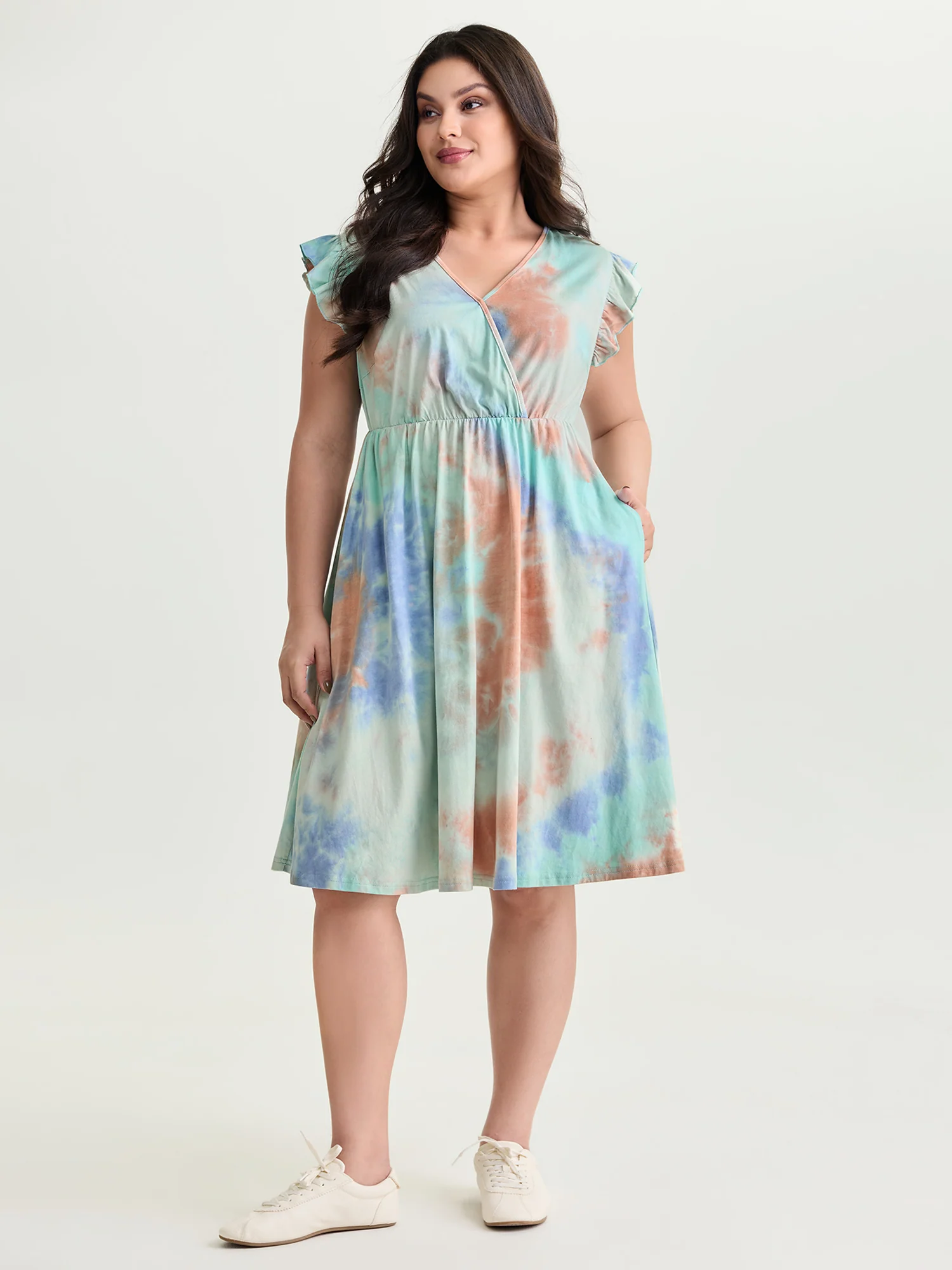 Cotton Color Gradient Wrap Neckline Midi Dress - Image 3