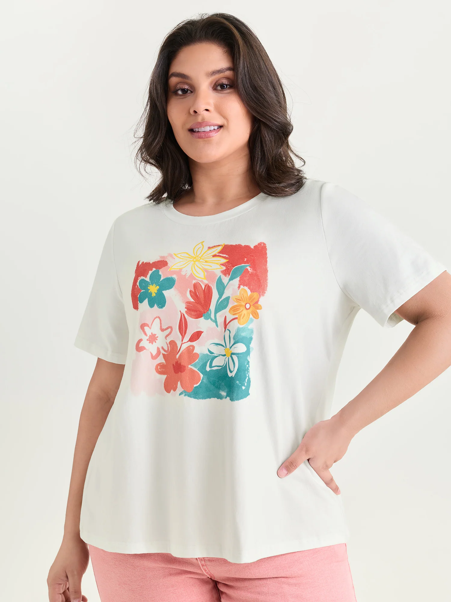 Cotton Colorful Floral Print Round Neck T-Shirt - Image 2