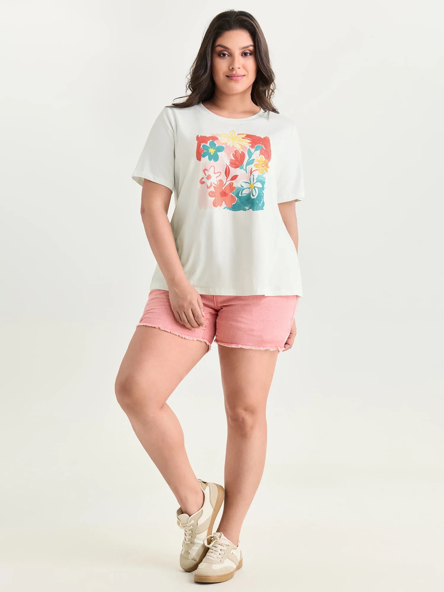 Cotton Colorful Floral Print Round Neck T-Shirt - Image 3