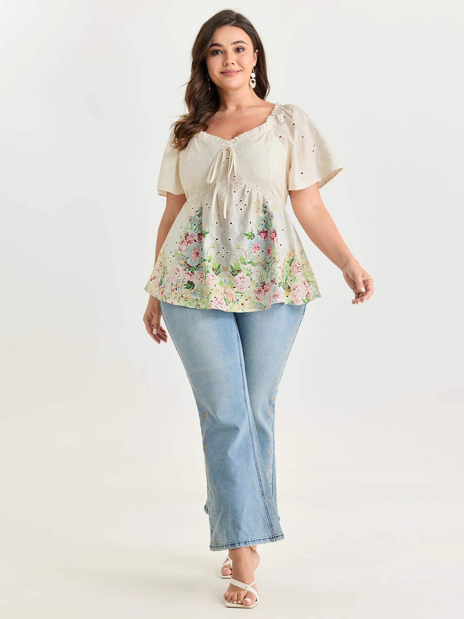 Cotton Colorful Floral Textured Hem Blouse - Image 3