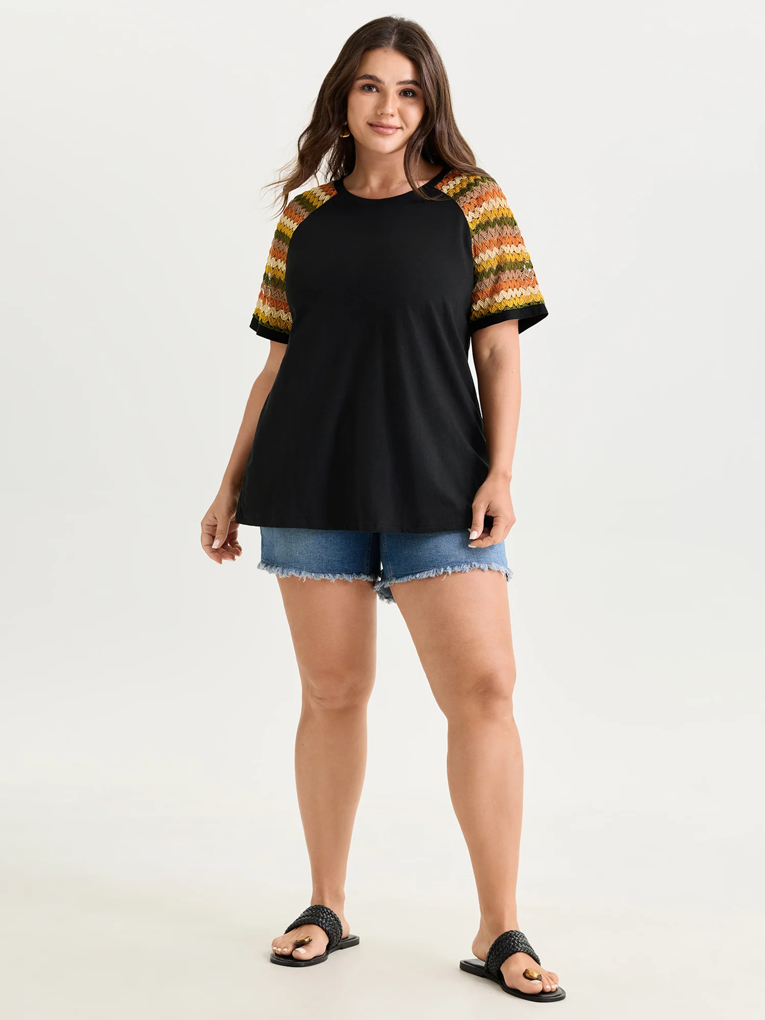 Cotton Colorful Striped Sleeve Knit Top - Image 3