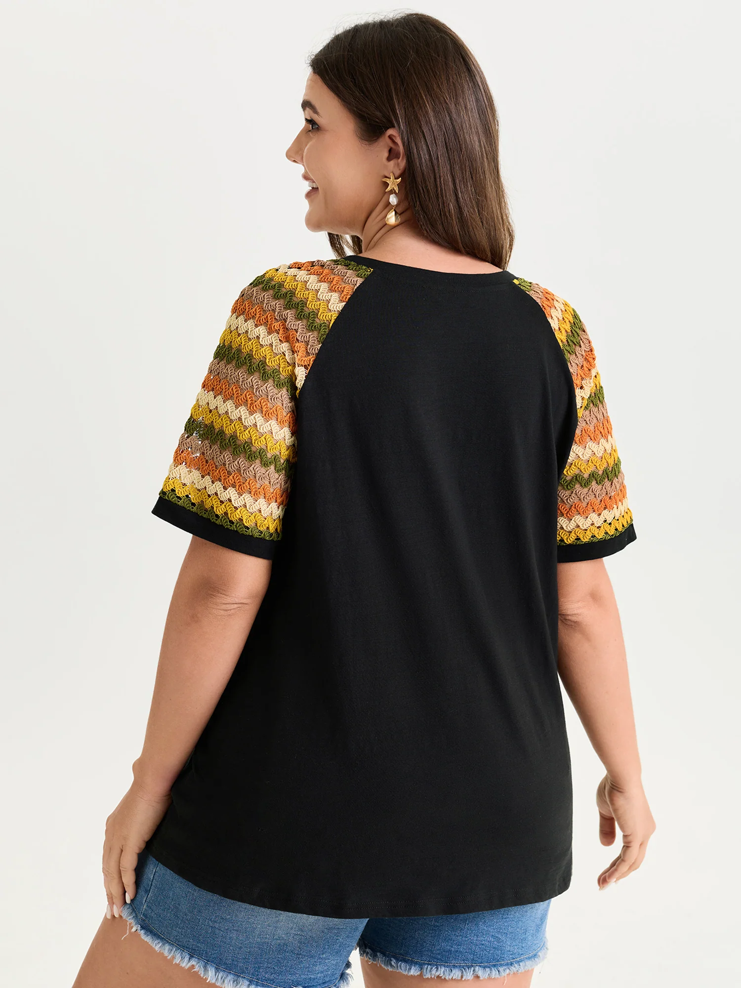 Cotton Colorful Striped Sleeve Knit Top - Image 4
