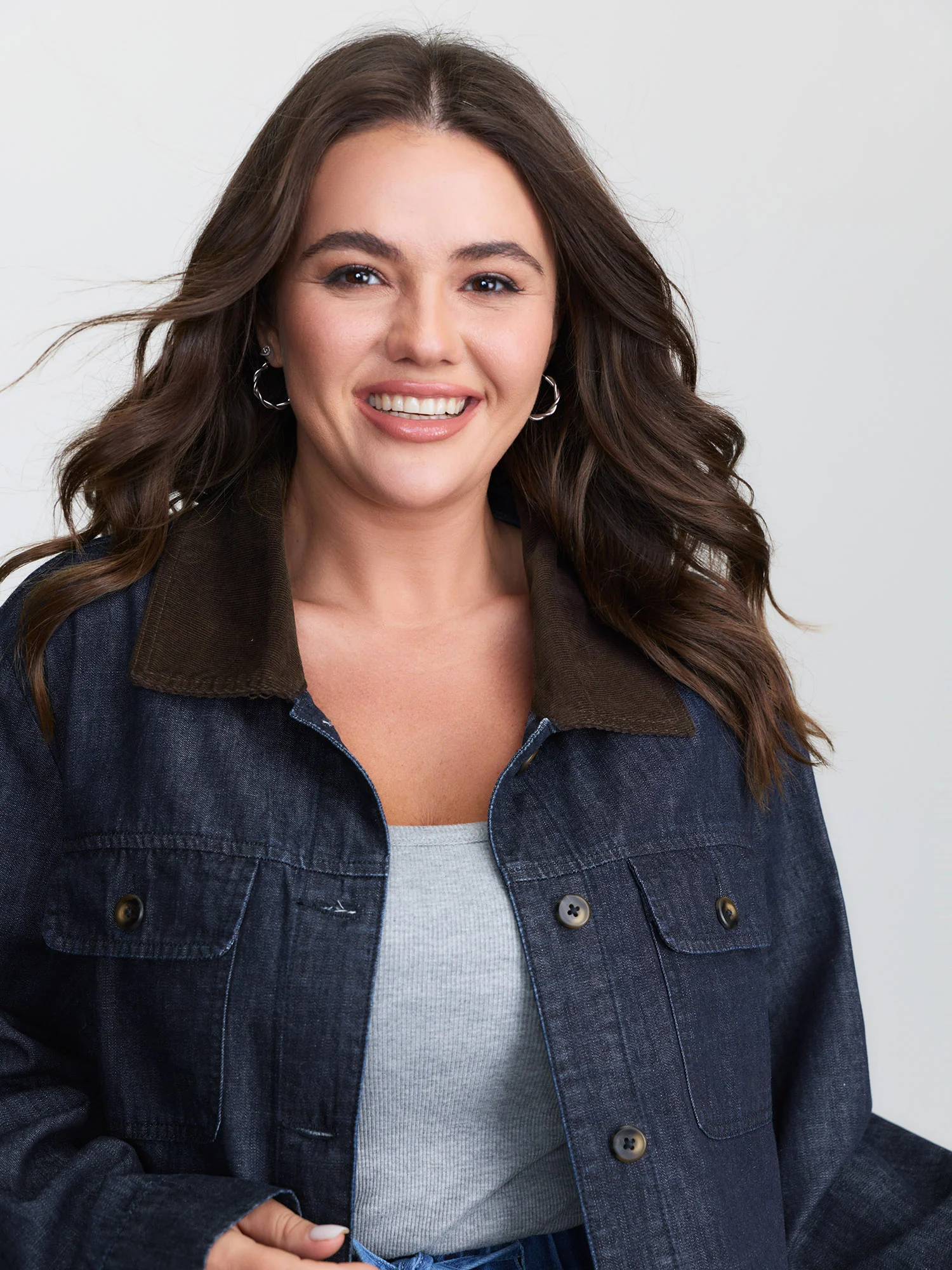 Cotton Contrast Collar Button-Down Denim Top - Image 2
