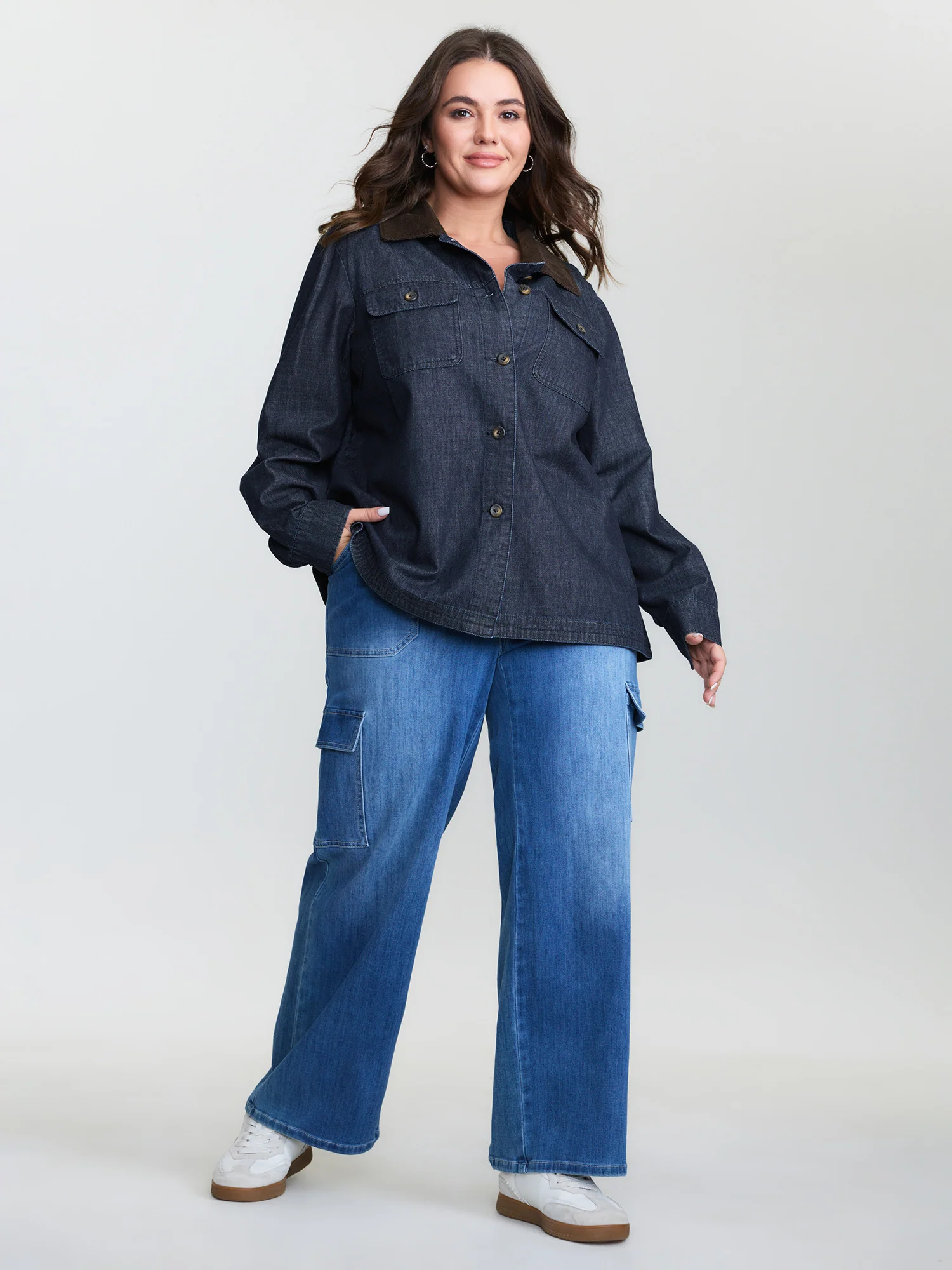 Cotton Contrast Collar Button-Down Denim Top - Image 3