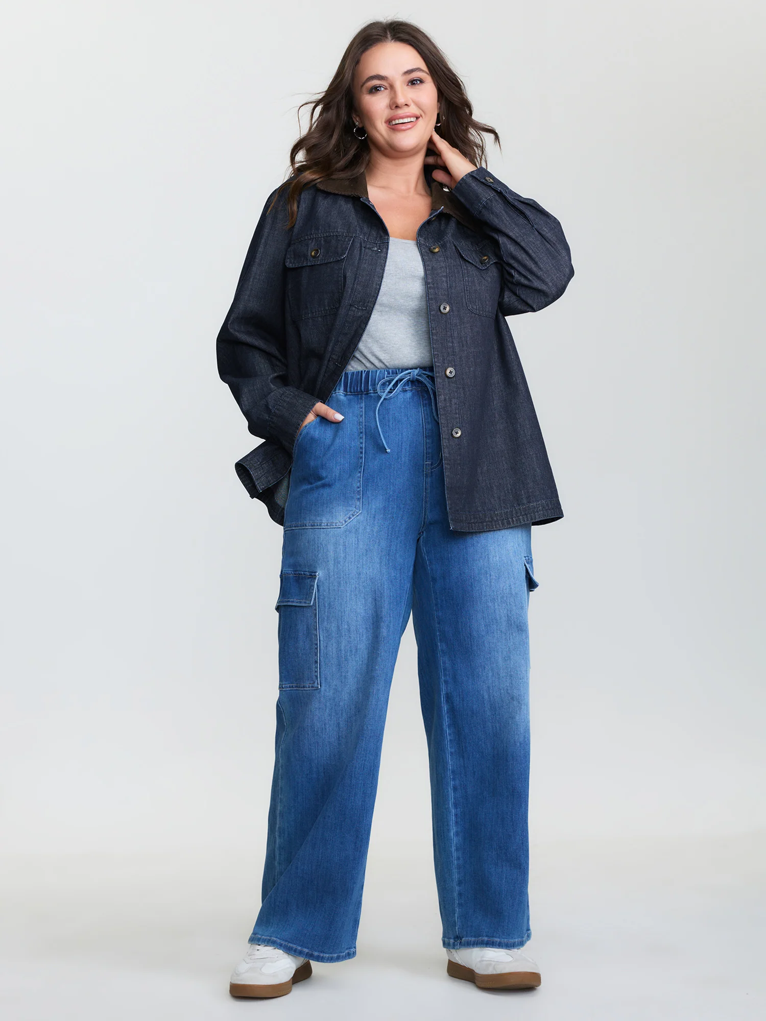 Cotton Contrast Collar Button-Down Denim Top - Image 4