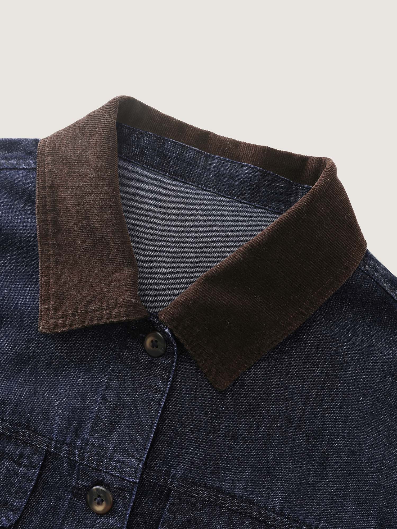 Cotton Contrast Collar Button-Down Denim Top - Image 7