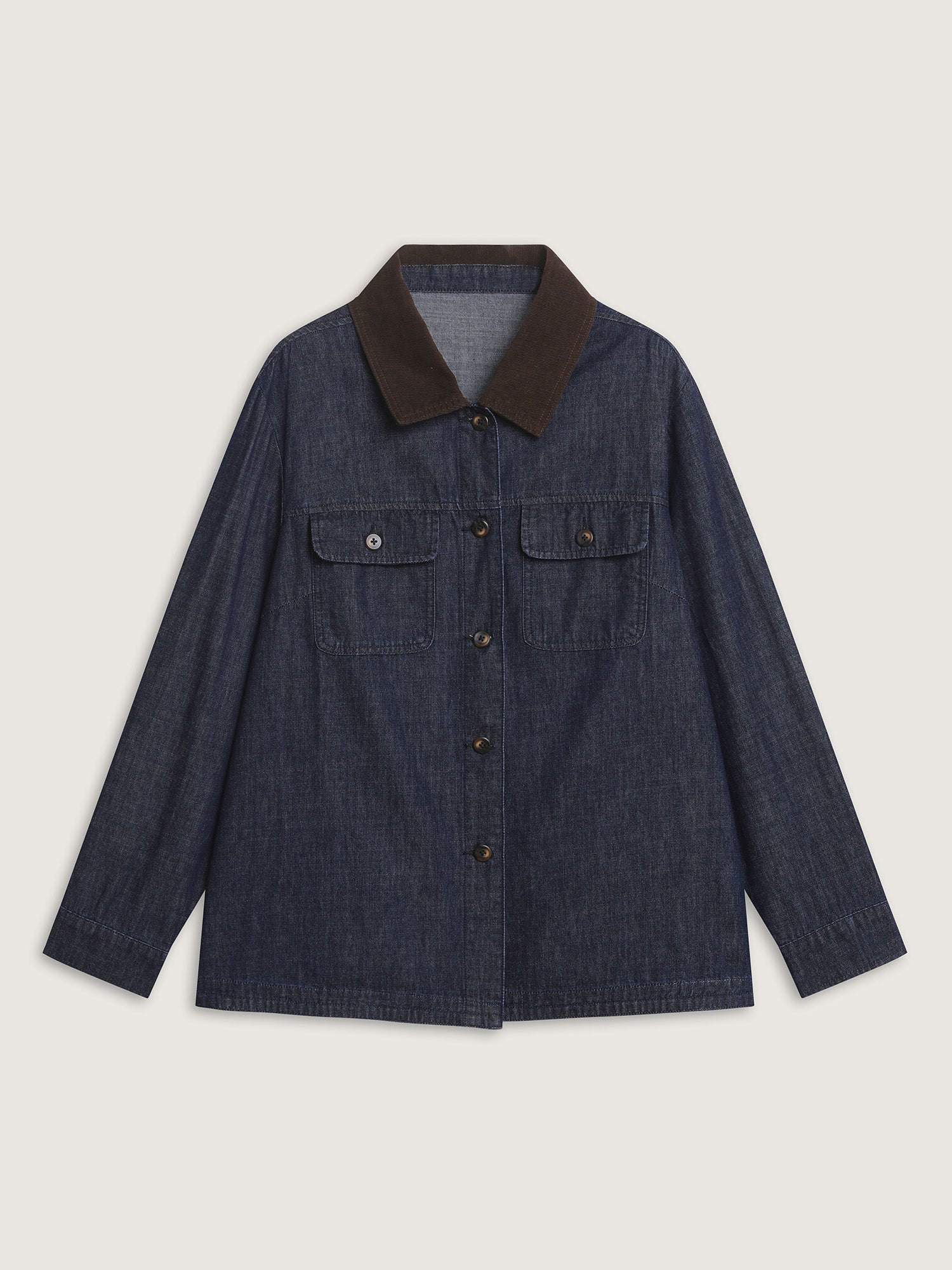 Cotton Contrast Collar Button-Down Denim Top - Image 8