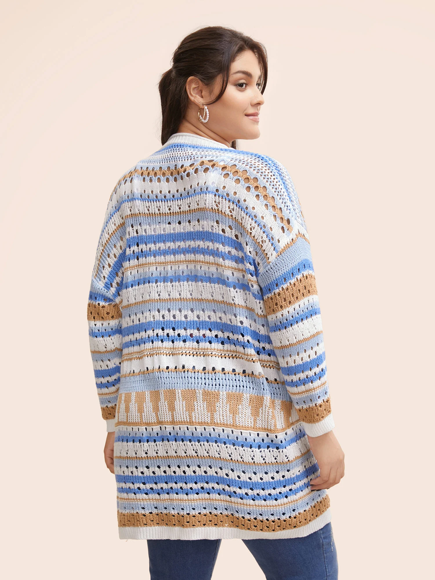 Cotton Contrast Striped Cut Out Cardigan - Image 2