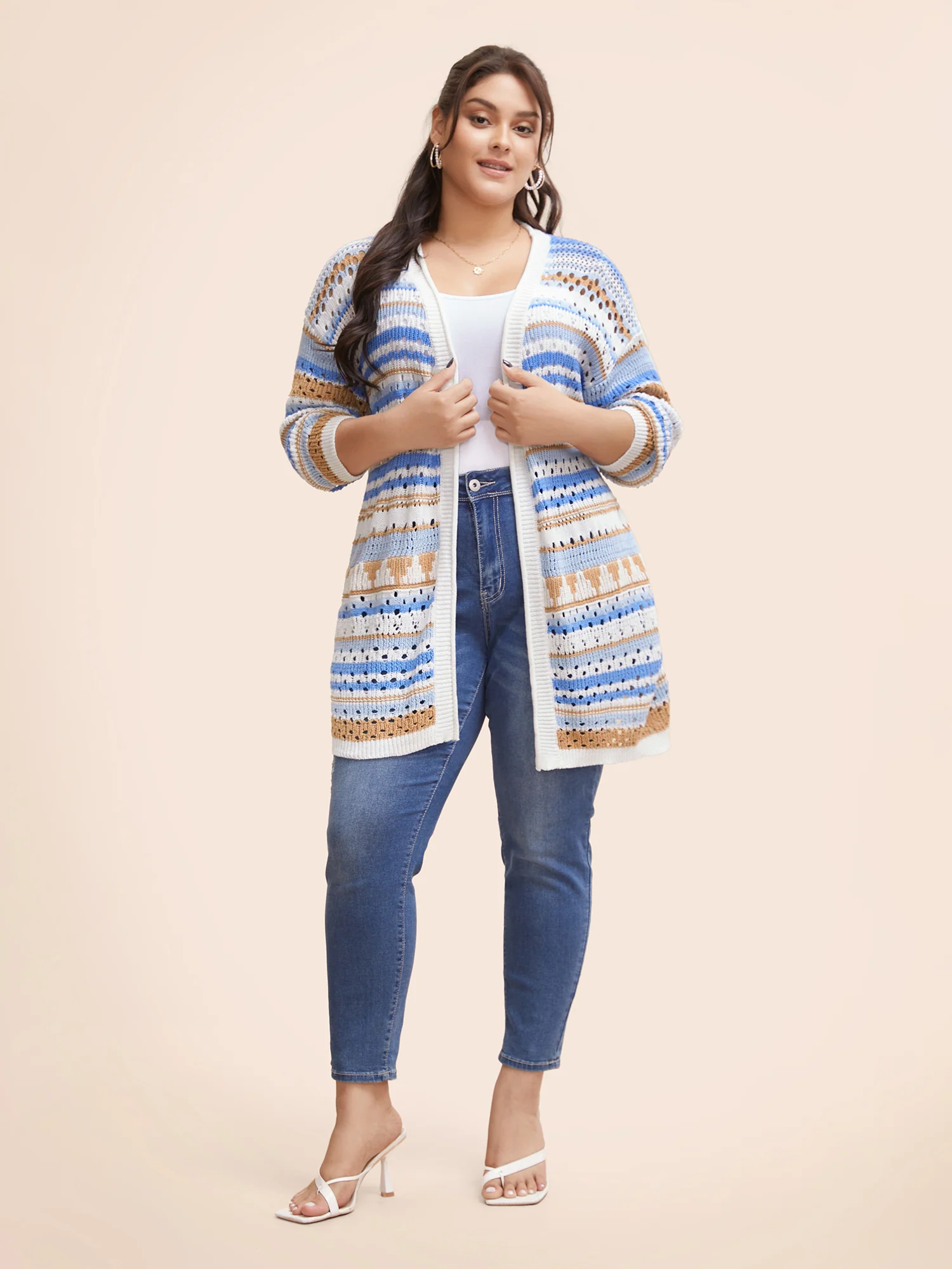 Cotton Contrast Striped Cut Out Cardigan - Image 3
