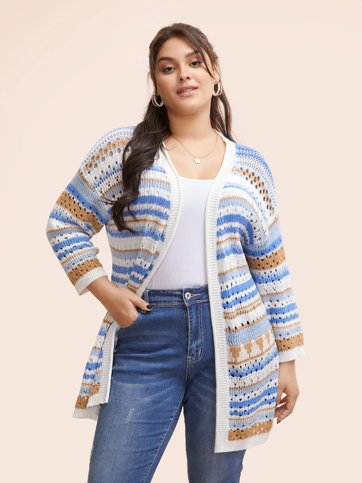 Cotton Contrast Striped Cut Out Cardigan - Image 4