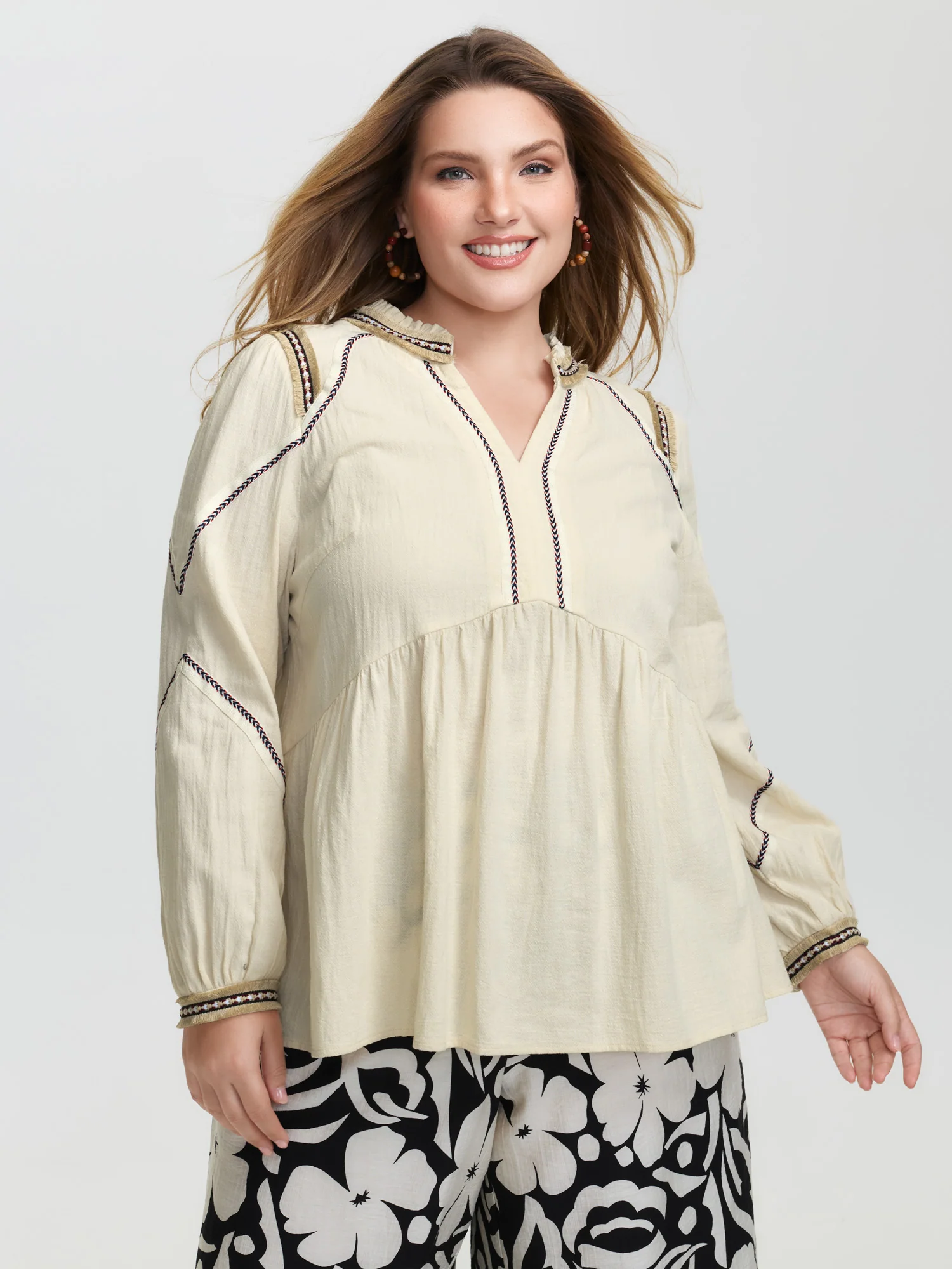 Cotton Contrast Webbing Notched Collar Blouse - Image 2