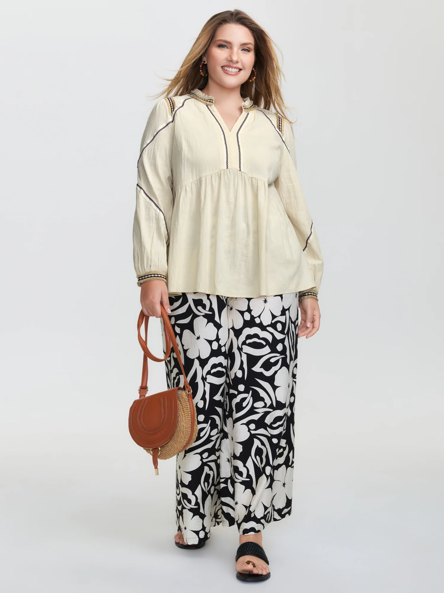 Cotton Contrast Webbing Notched Collar Blouse - Image 3